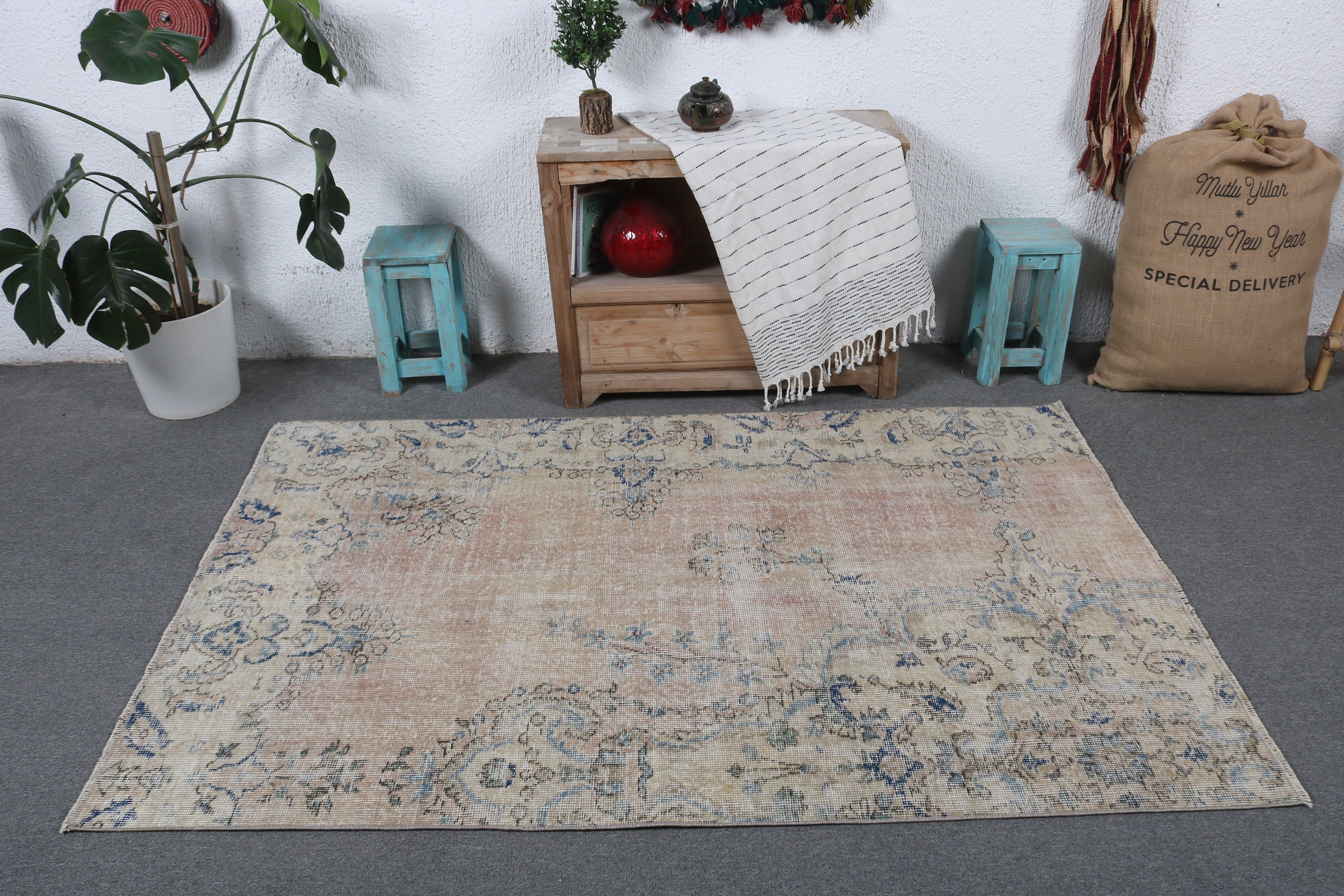 El Dokuma Halılar, Türk Halısı, Boho Vurgulu Halı, Anadolu Halıları, Vintage Halılar, Giriş Halıları, Bej Boho Halısı, 3,9x6,1 ft Vurgulu Halılar, Lüks Halılar