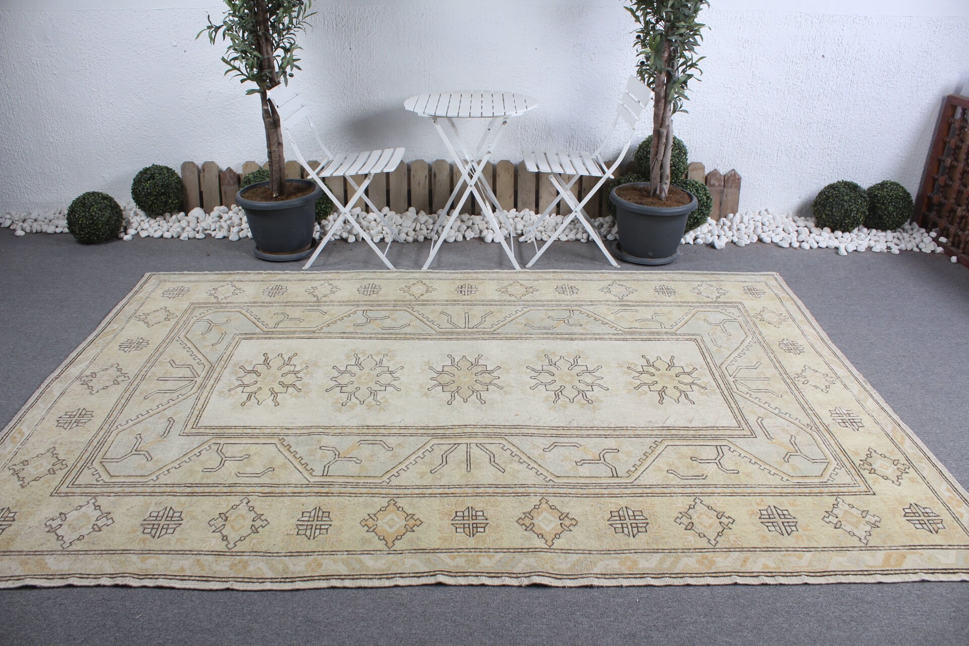 Salon Halıları, Bej Oushak Halı, Türk Halısı, Sessiz Halılar, Yemek Odası Halısı, Yatak Odası Halıları, Vintage Halı, 6,5x9,4 ft Büyük Halı