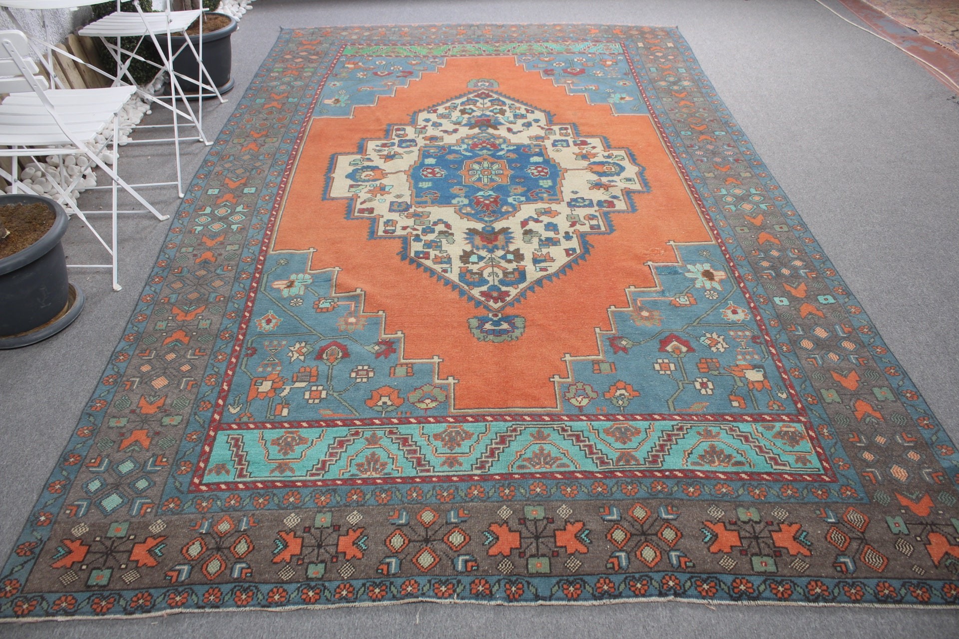 Anadolu Halısı, Salon Halısı, Türk Halısı, Yün Halılar, 7.1x11.5 ft Büyük Boy Halı, Oturma Odası Halıları, Vintage Halı, Salon Halısı, Turuncu Yün Halı