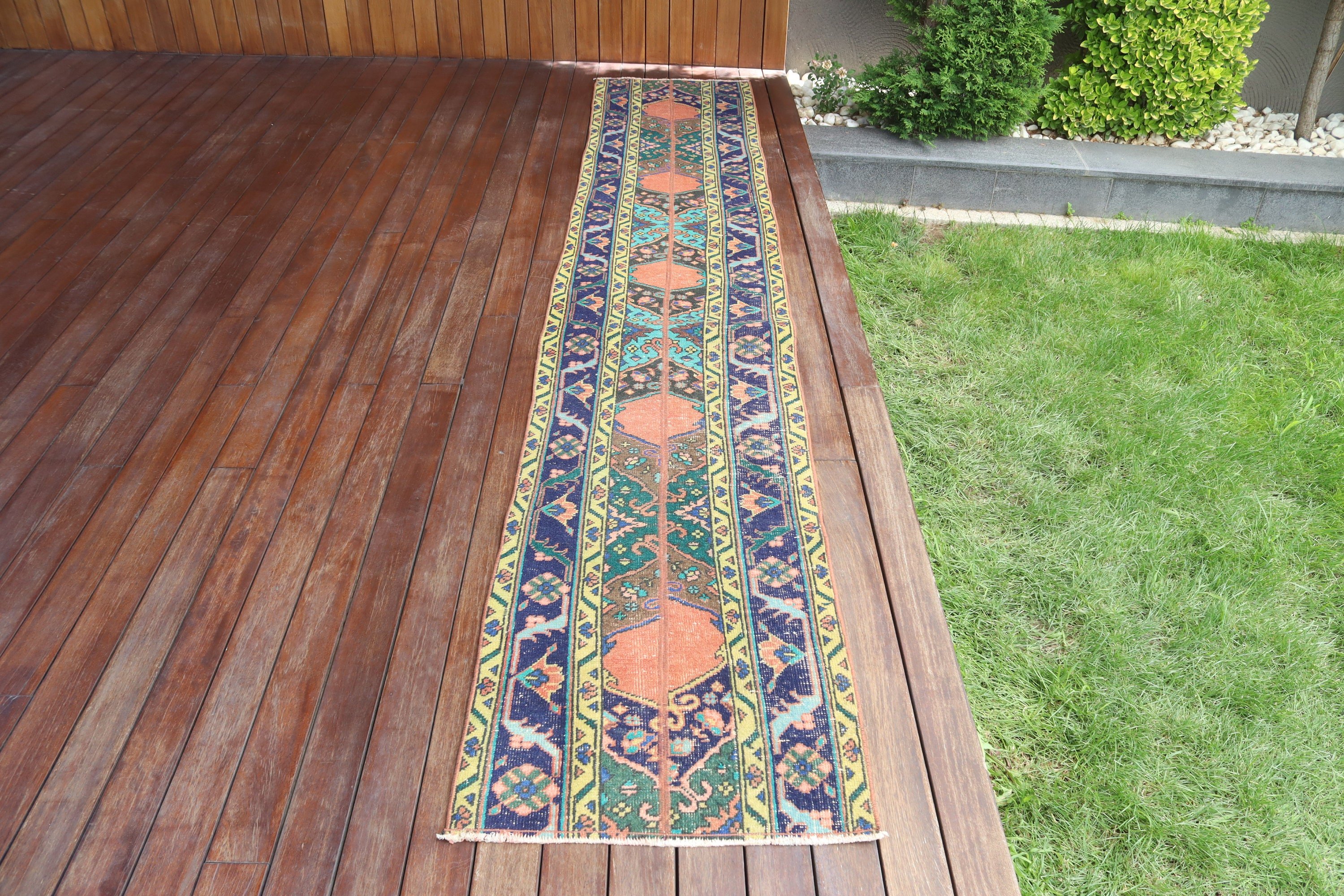 Türk Halısı, 2x11.1 ft Runner Halıları, Mavi Boho Halıları, Vintage Runner Halıları, Lüks Halı, Düz Dokuma Halı, Vintage Halı, Beni Ourain Runner Halısı