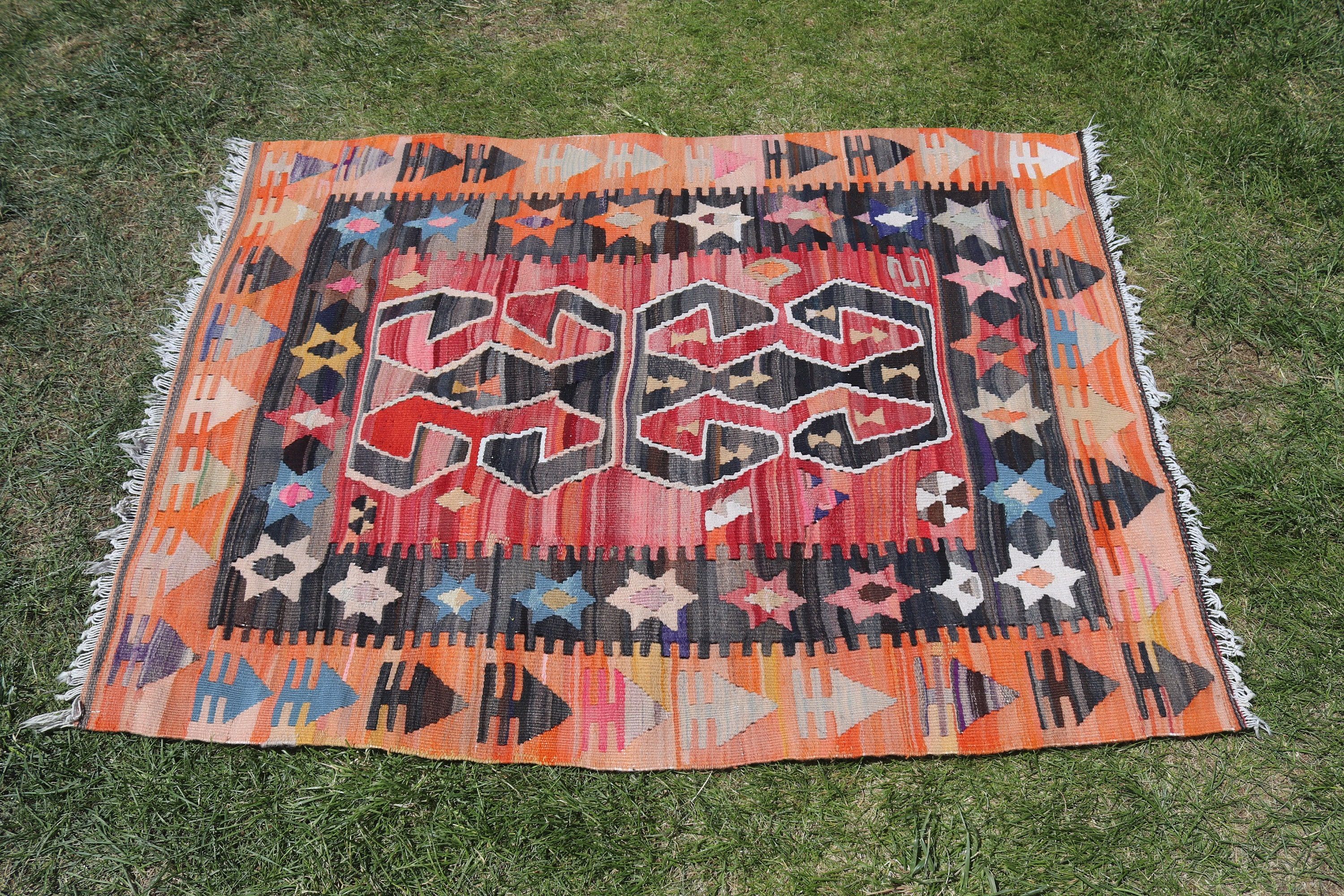 Yatak Odası Halıları, Turuncu 3.1x4.2 ft Küçük Halı, Modern Halı, Kilim, Küçük Boho Halı, Vintage Halı, Duvara Asılı Halı, Türk Halısı