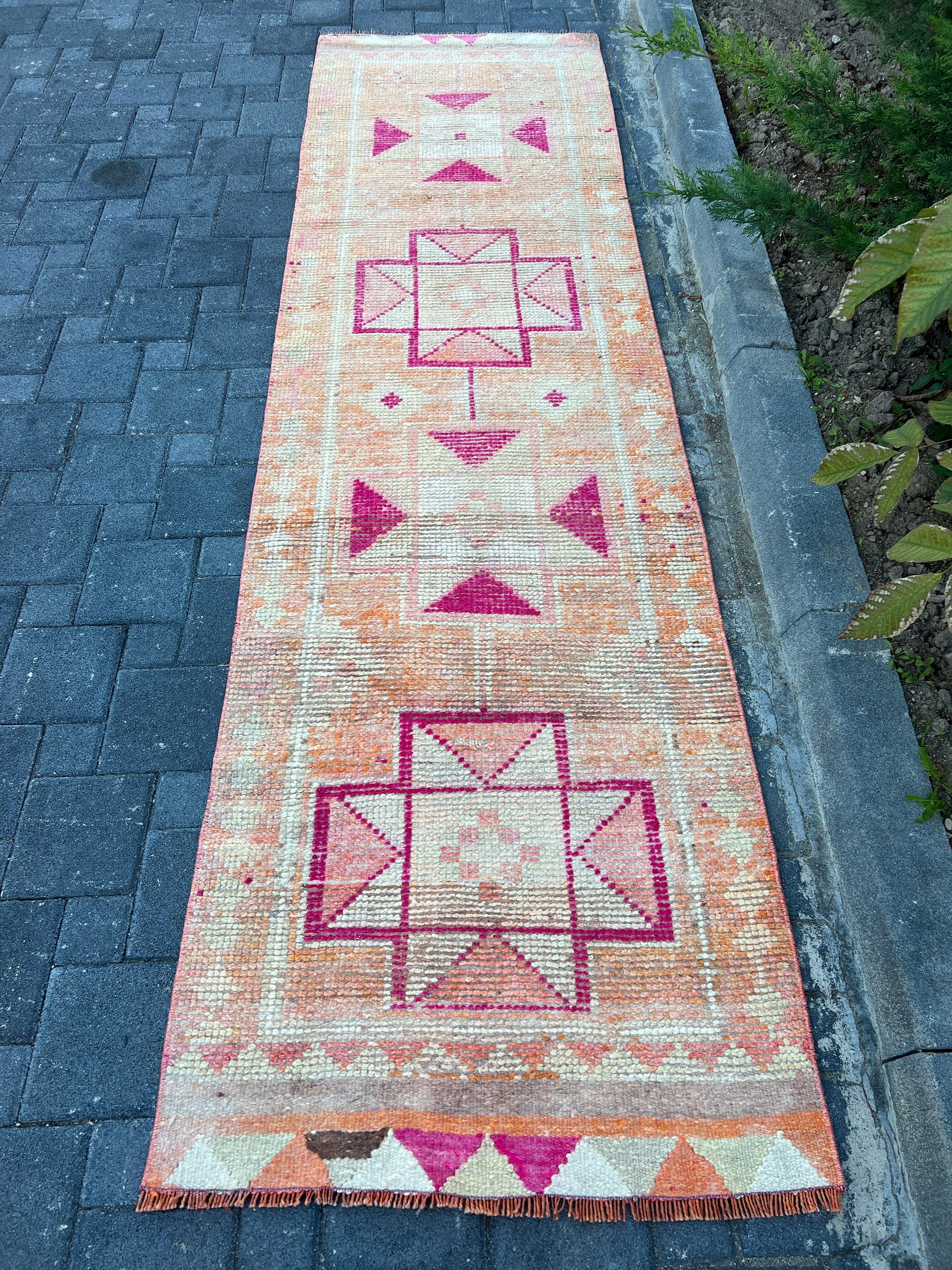 Anatolian Rug, Turkish Rug, Stair Rug, Old Rug, Pink Oushak Rugs, Kitchen Rugs, Home Decor Rug, 2.9x10.8 ft Runner Rug, Vintage Rugs