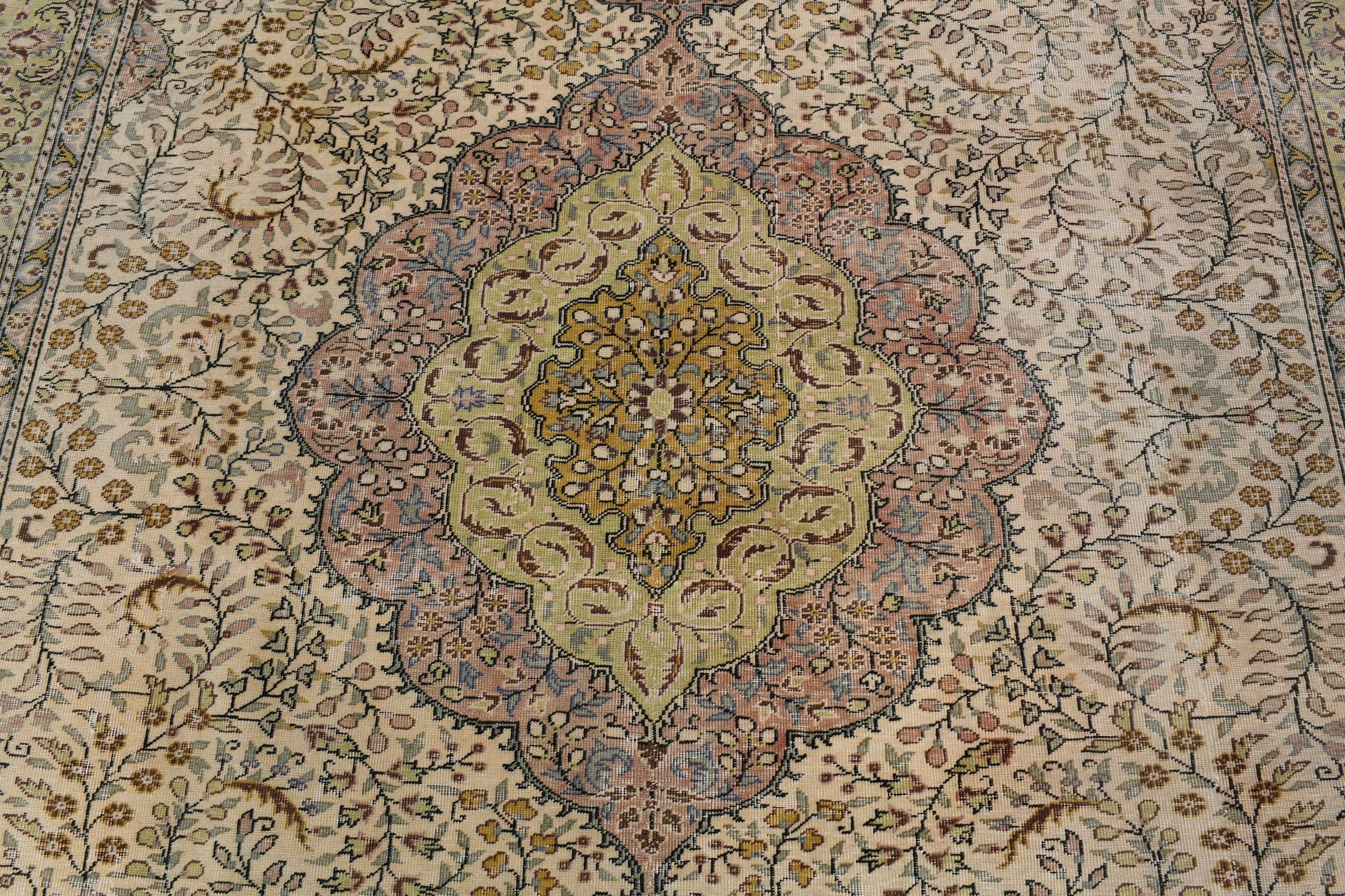 Yer Halıları, Vintage Halılar, 6.3x9.6 ft Büyük Halı, Bej Yer Halıları, Parlak Halı, Türk Halıları, Oushak Halıları, Salon Halısı, Yemek Odası Halıları