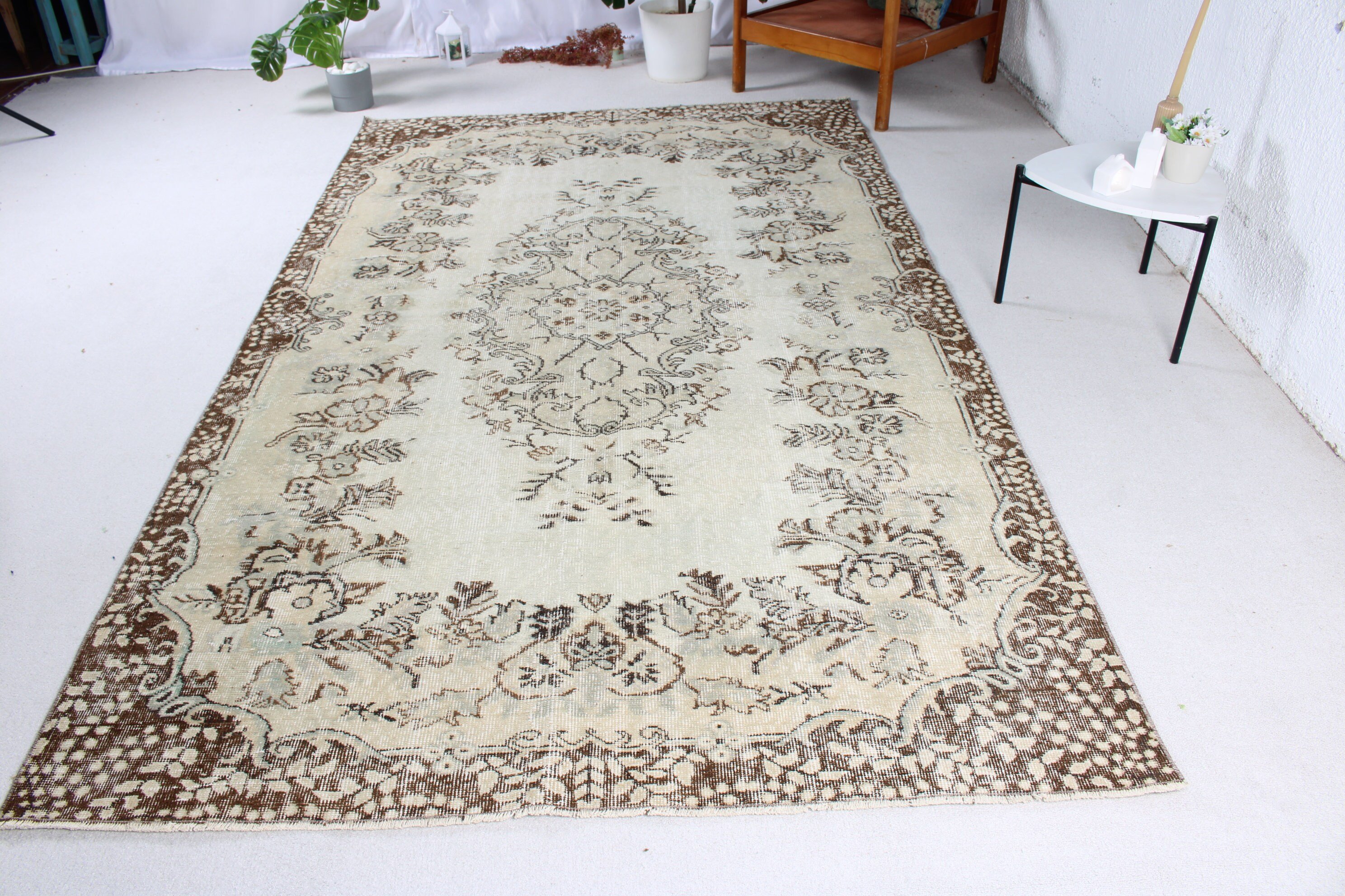 Türk Halısı, Bej Zemin Halısı, Vintage Halılar, Yatak Odası Halısı, Organik Halılar, 5.7x9.8 ft Büyük Halı, Büyük Oushak Halıları, Düz Dokuma Halı, Antika Halı