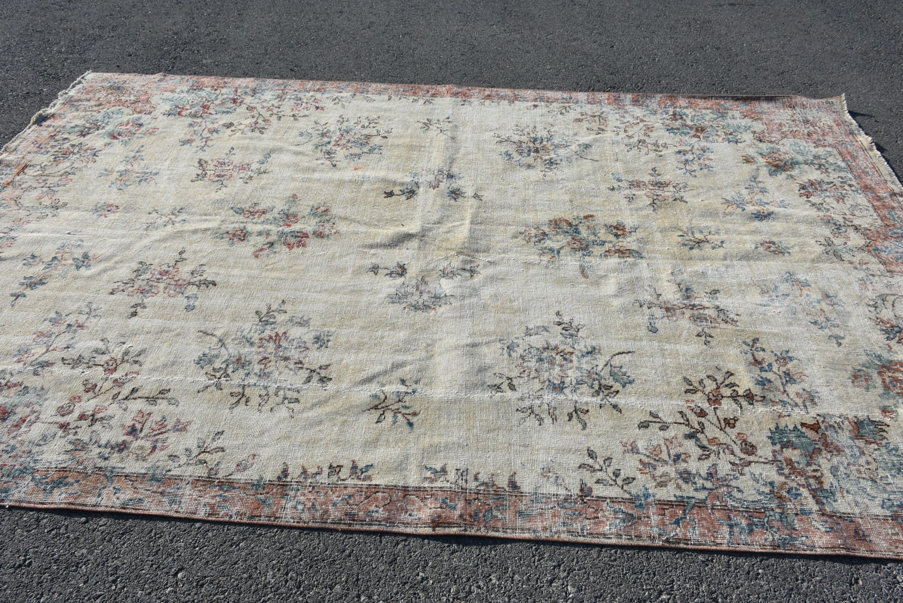 Yün Halı, Vintage Halı, Bej Yer Halısı, Türk Halısı, Soluk Halı, 6.9x10.5 ft Büyük Boy Halı, Anadolu Halısı, Yemek Odası Halısı, Oturma Odası Halısı