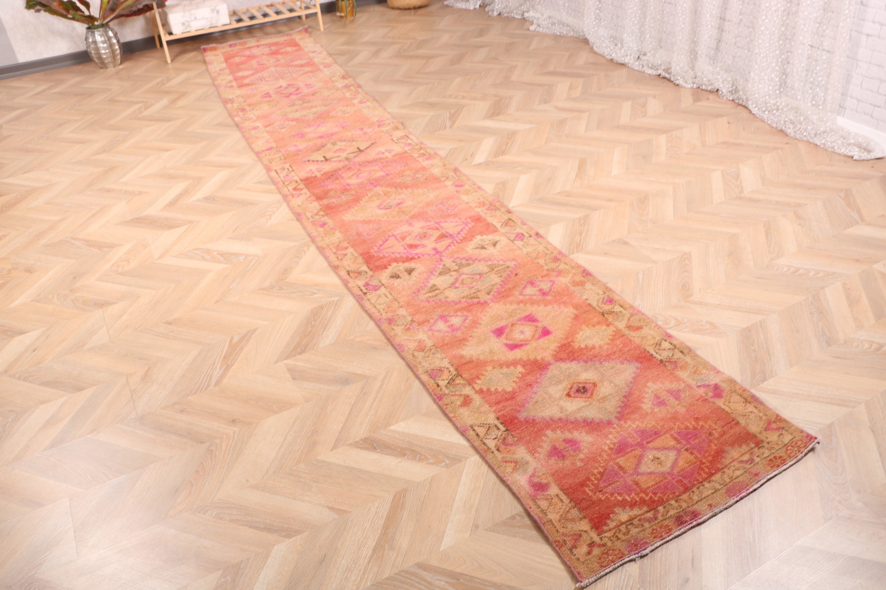 Vintage Halı, Boho Halılar, Koridor Halısı, Bej Nötr Halı, Geometrik Halılar, Lüks Halı, Türk Halısı, Koridor Halısı, 2.2x13.6 ft Yolluk Halısı