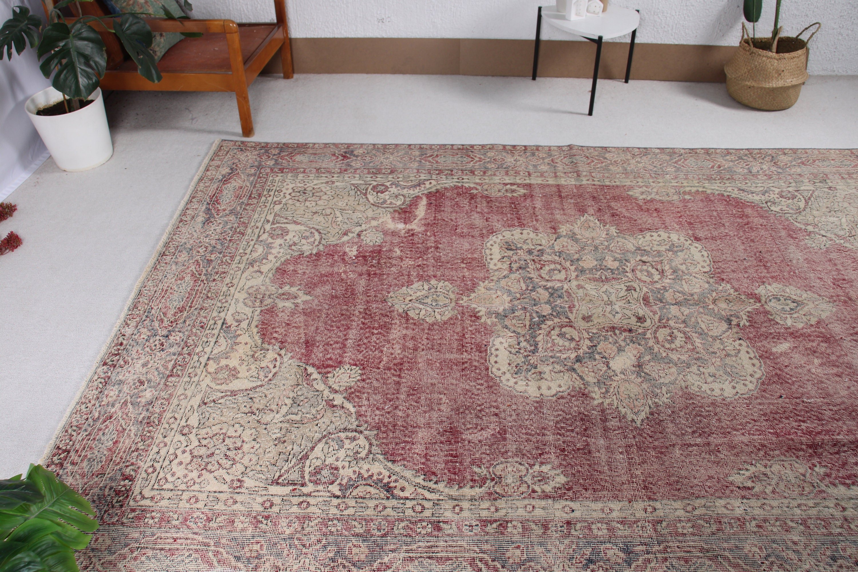 Ev Dekorasyonu Halıları, 6.5x9.5 ft Büyük Halı, Türk Halıları, Kırmızı El Dokuma Halılar, Vintage Halılar, Büyük Oushak Halıları, Oturma Odası Halısı