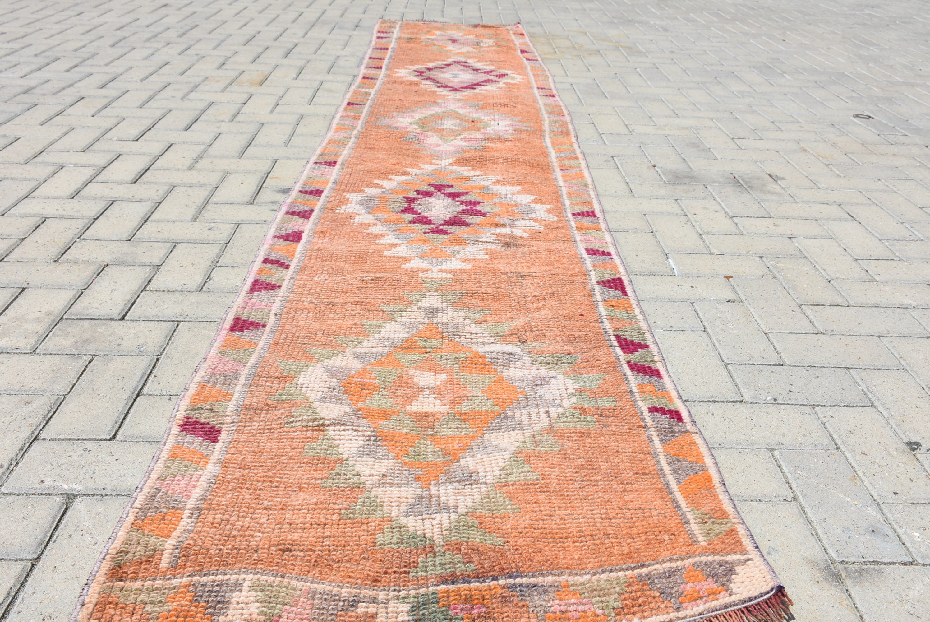 Organic Rugs, Kitchen Rugs, Anatolian Rugs, Corridor Rug, Turkish Rug, 2.5x11 ft Runner Rug, Orange Cool Rug, Vintage Rugs