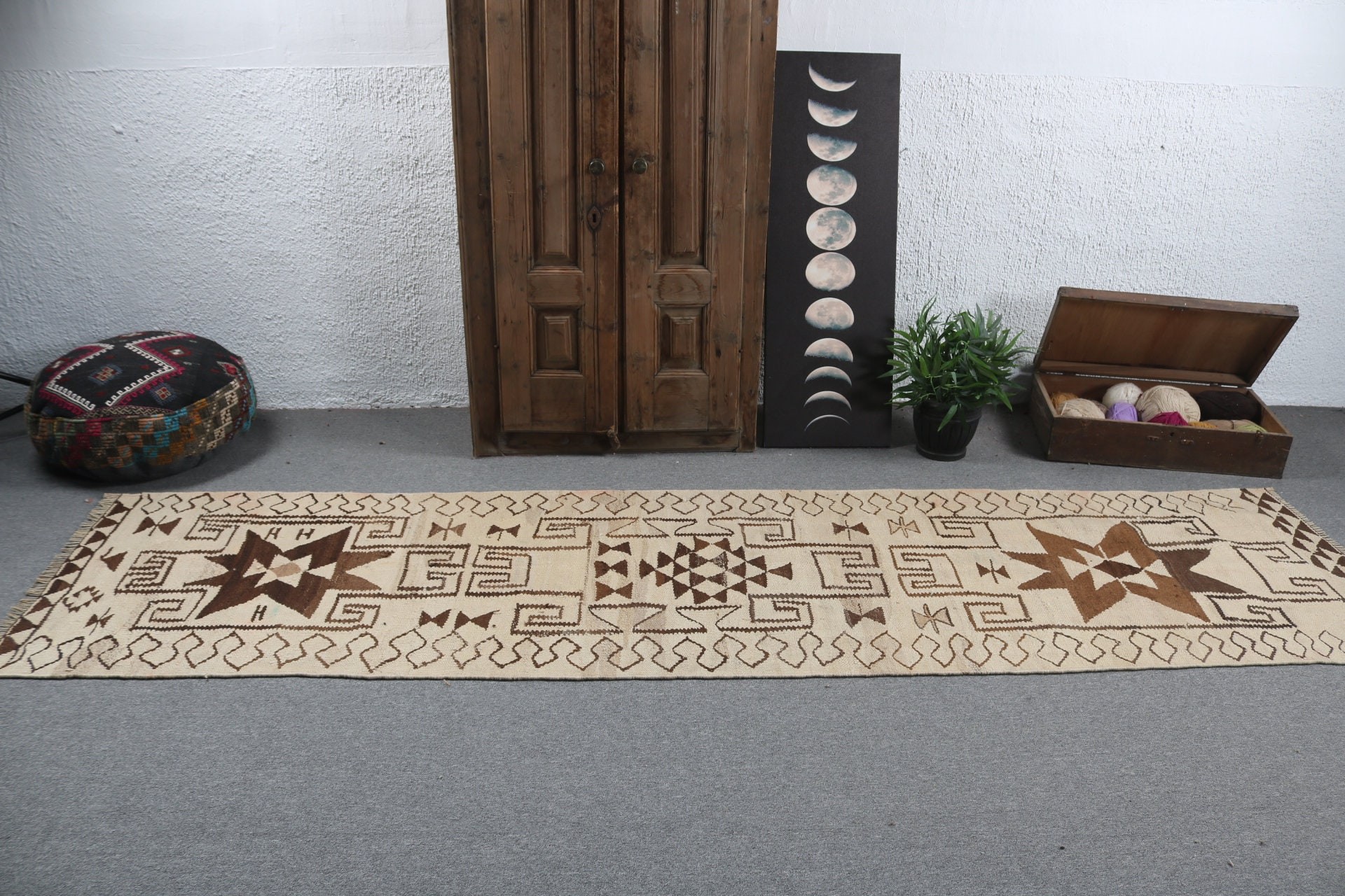 Bej Boho Halılar, Vintage Halılar, Yer Halısı, Uzun Yolluk Halısı, Türk Halıları, Modern Halı, 2.9x11 ft Yolluk Halıları, Koridor Halıları, Yatak Odası Halıları