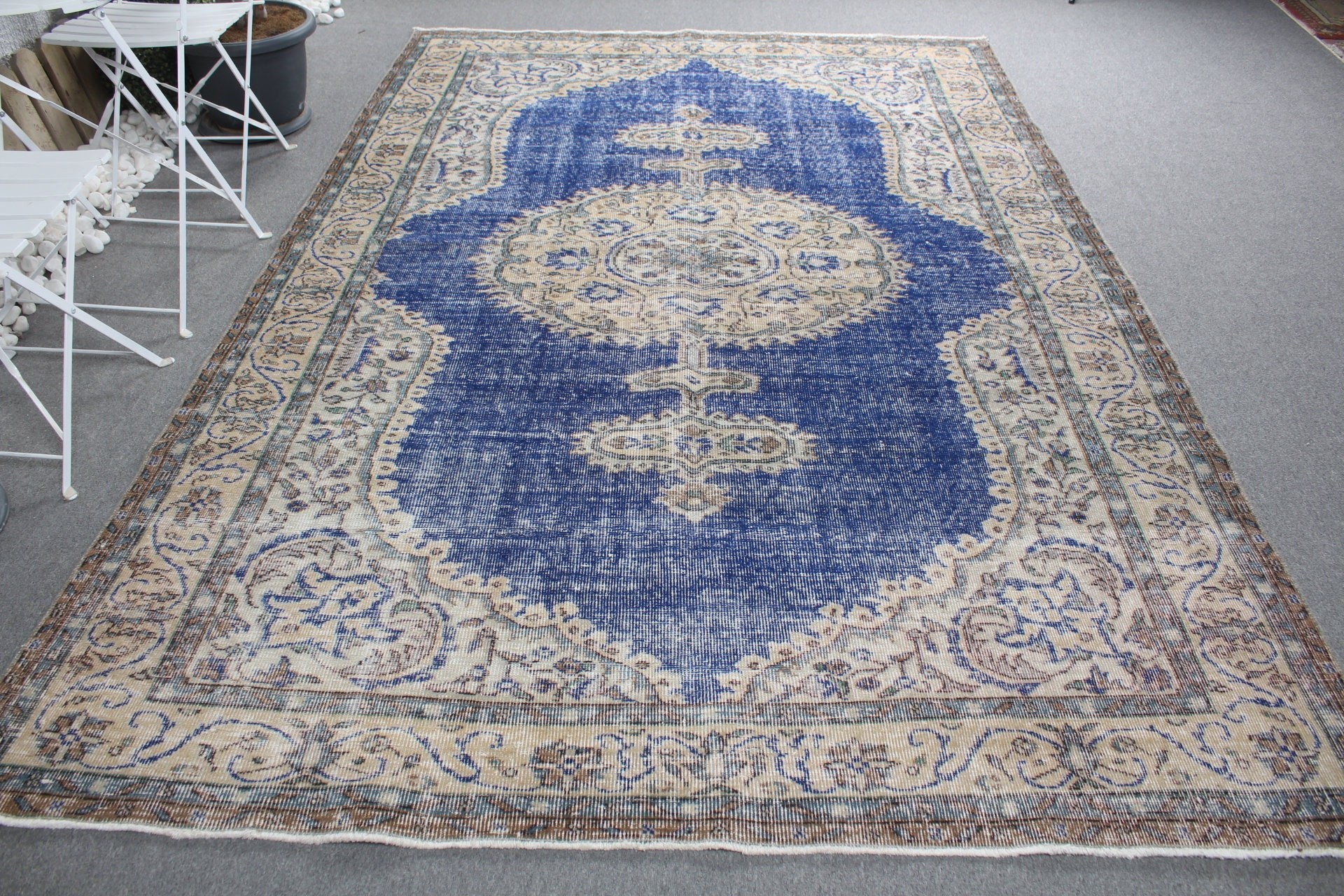 Oushak Halıları, 6.8x10 ft Büyük Halı, Yer Halıları, Yatak Odası Halıları, Türk Halısı, Mavi Oryantal Halı, Salon Halıları, Vintage Halılar, Yemek Odası Halısı