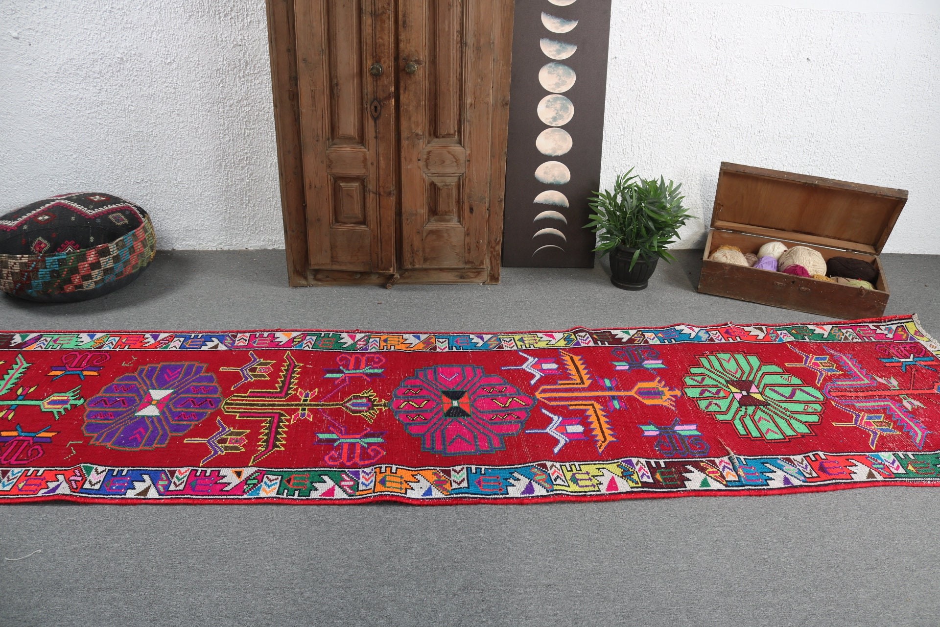 Koridor Halısı, Geometrik Halı, Vintage Halılar, Yün Halılar, Vintage Runner Halısı, Yer Halısı, 3.1x13.3 ft Runner Halıları, Kırmızı Anadolu Halısı, Türk Halısı