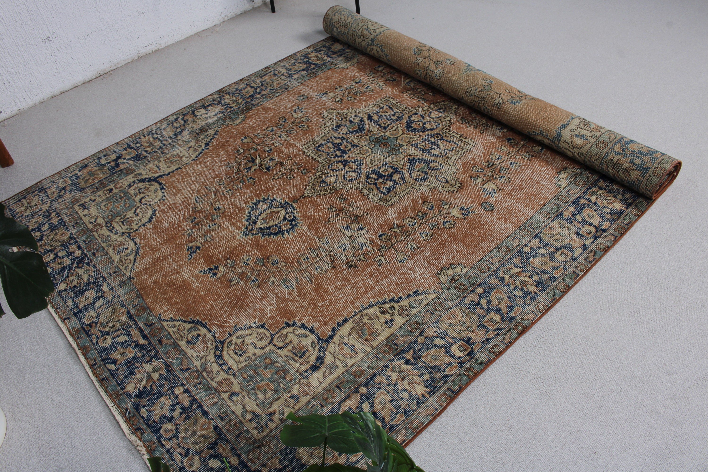 Oturma Odası Halısı, 5.2x8.4 ft Büyük Halı, Büyük Oushak Halıları, Vintage Halı, Boho Halısı, Mavi Fas Halıları, Türk Halısı, Oushak Halıları, Lüks Halı