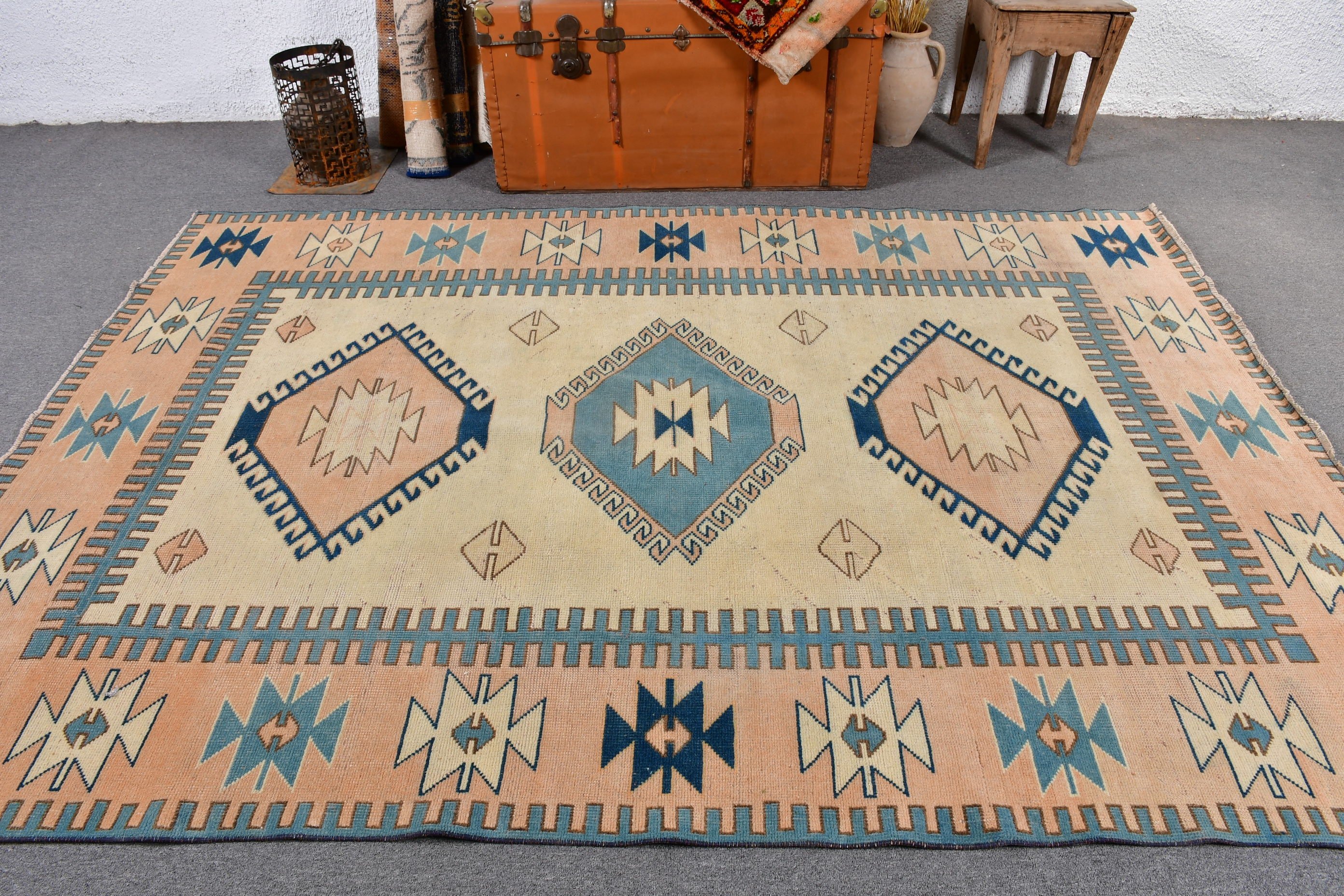 Vintage Halılar, Bej Boho Halı, 5.8x8.2 ft Büyük Halı, Türk Halıları, Büyük Vintage Halılar, Büyük Oushak Halıları, Düz Dokuma Halılar