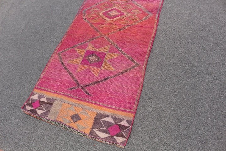 Turkish Rug, Vintage Rug, Rugs for Stair, Wool Rug, Kitchen Rug, 3x11.4 ft Runner Rug, Corridor Rug, Anatolian Rug, Pink Oriental Rug