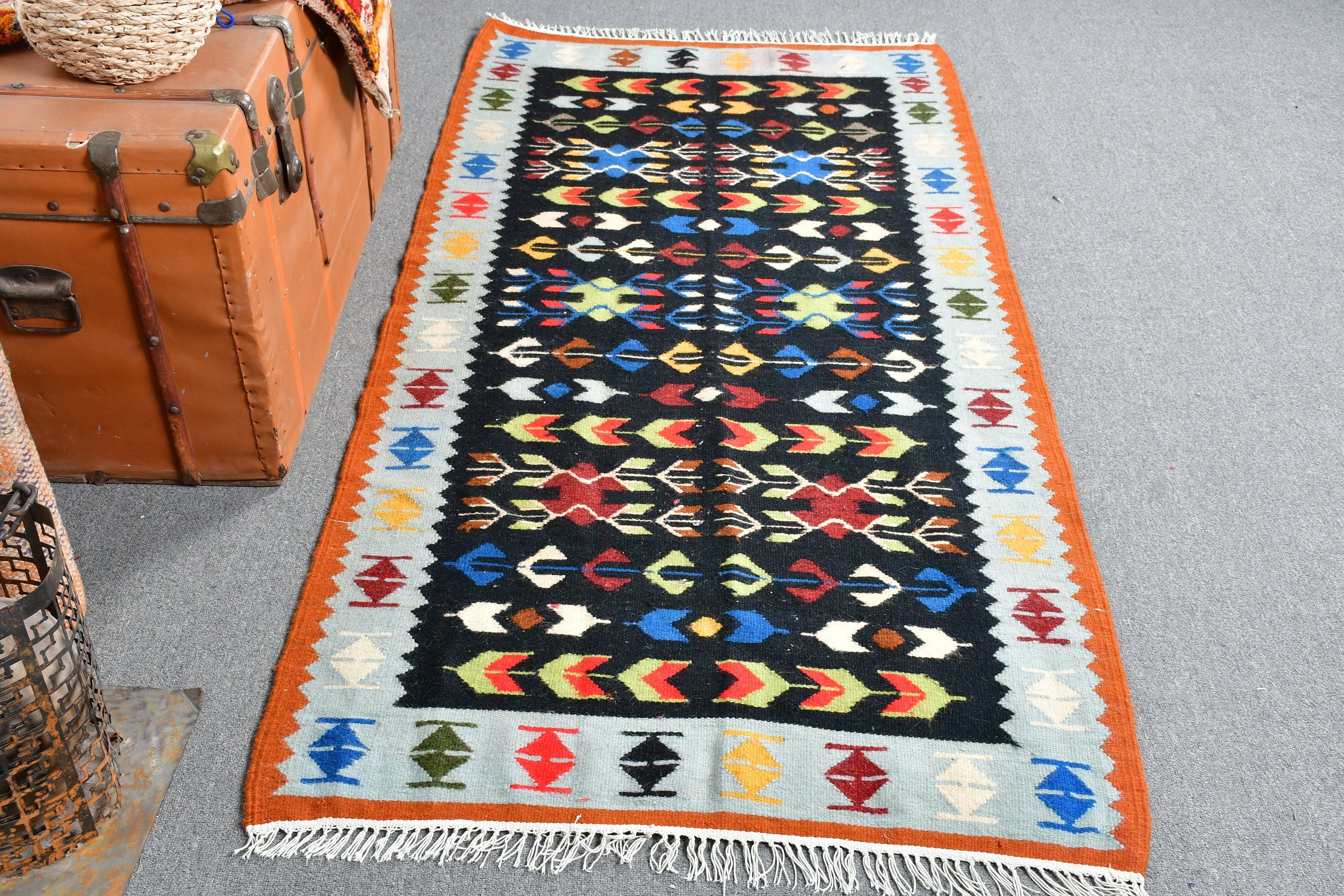 Boho Rug, Vintage Rug, Nursery Rug, Turkish Rug, Kilim, Anatolian Rug, Entry Rugs, Black  3.1x6.4 ft Accent Rugs