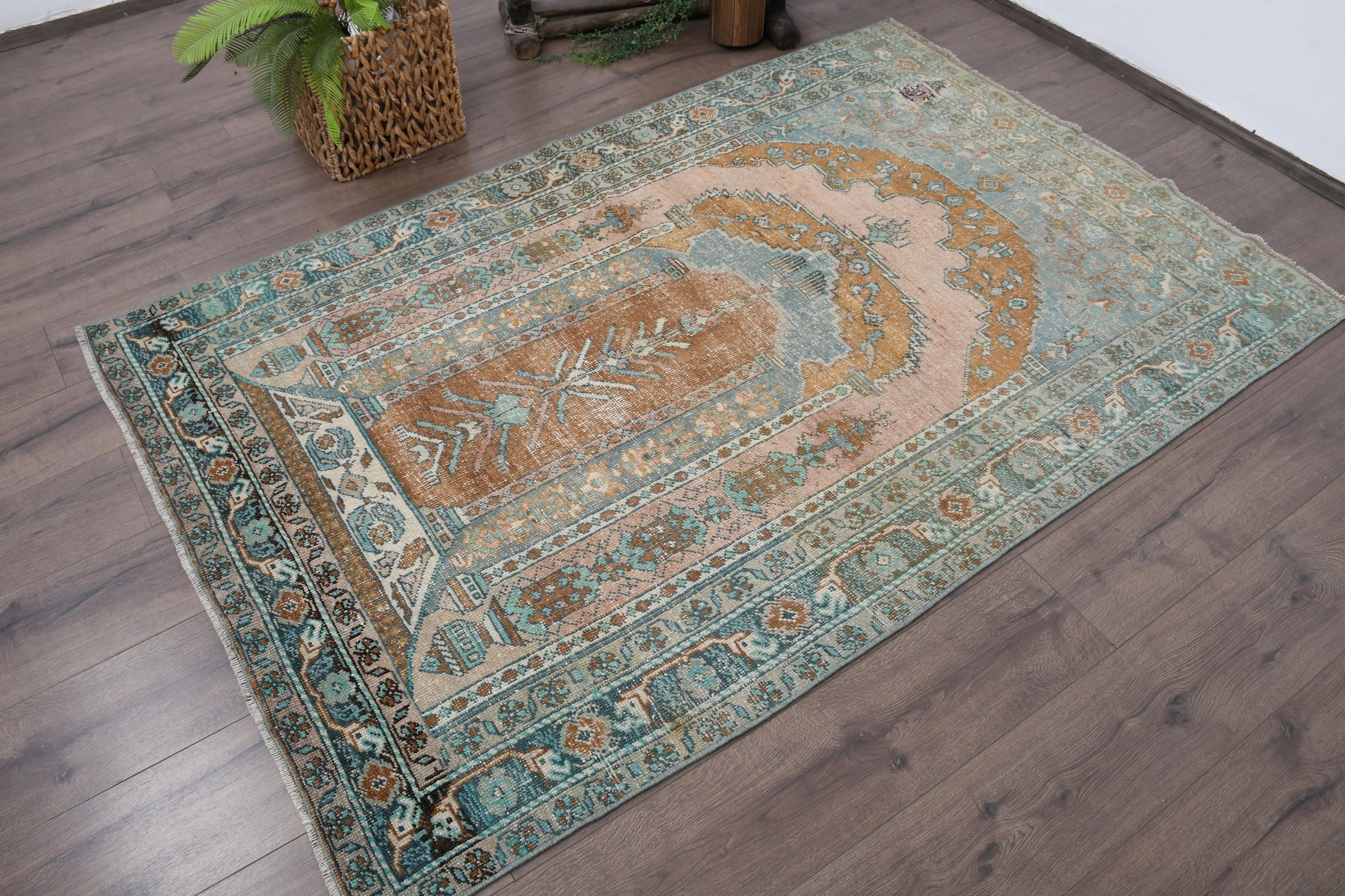 Rugs for Dining Room, Vintage Rug, 4.2x6.4 ft Area Rugs, Oriental Rug, Kitchen Rug, Turkish Rug, Green Oriental Rugs, Home Decor Rug