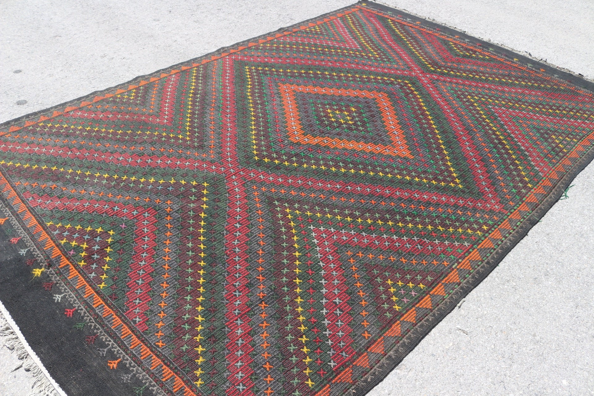 Salon Halısı, Yer Halısı, Vintage Halı, 6.9x11.1 ft Büyük Boy Halı, Salon Halıları, Türk Halısı, Ev Dekorasyonu Halıları, Eski Halı, Kilim, Siyah Anadolu Halısı