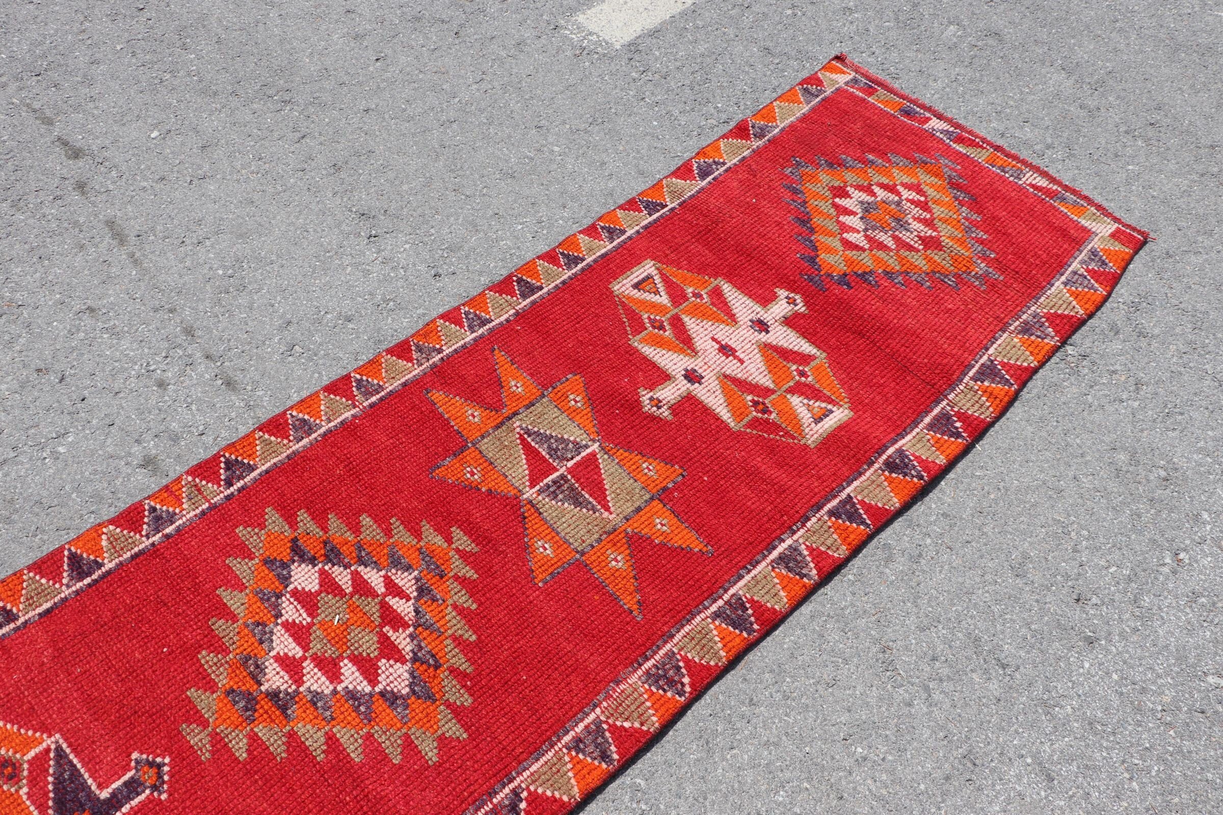 2.4x11.4 ft Runner Rug, Red Oushak Rugs, Turkish Rug, Bedroom Rug, Nomadic Rugs, Wool Rugs, Corridor Rug, Vintage Rugs, Rugs for Runner