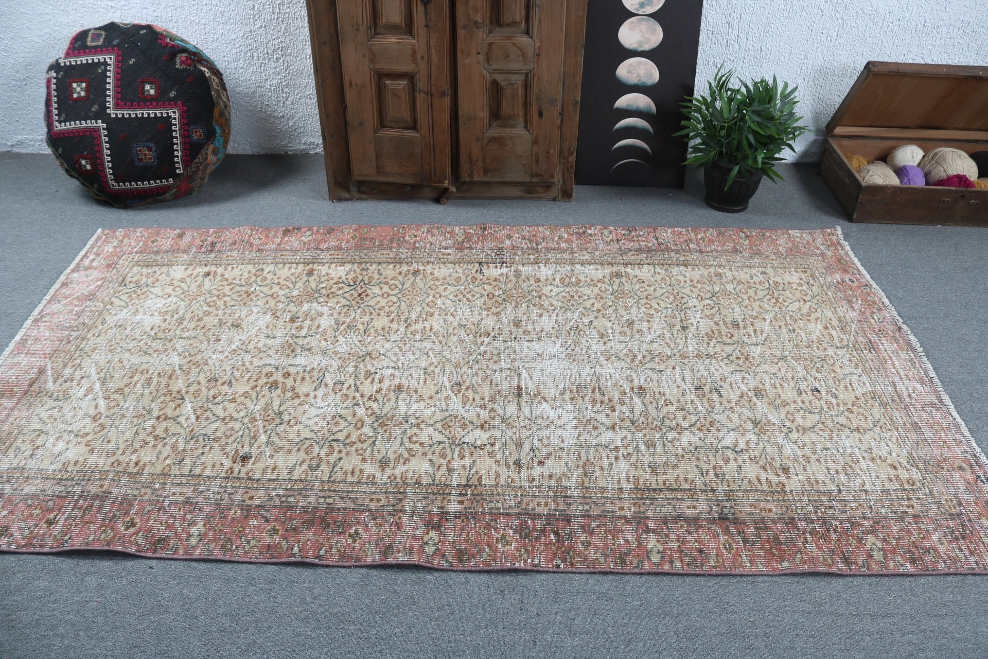 Boho Bölge Halıları, Nötr Halı, Türk Halıları, 4,4x8,2 ft Alan Halıları, Oushak Halıları, Mutfak Halıları, El Dokuma Halı, Kahverengi Geometrik Halı, Vintage Halı