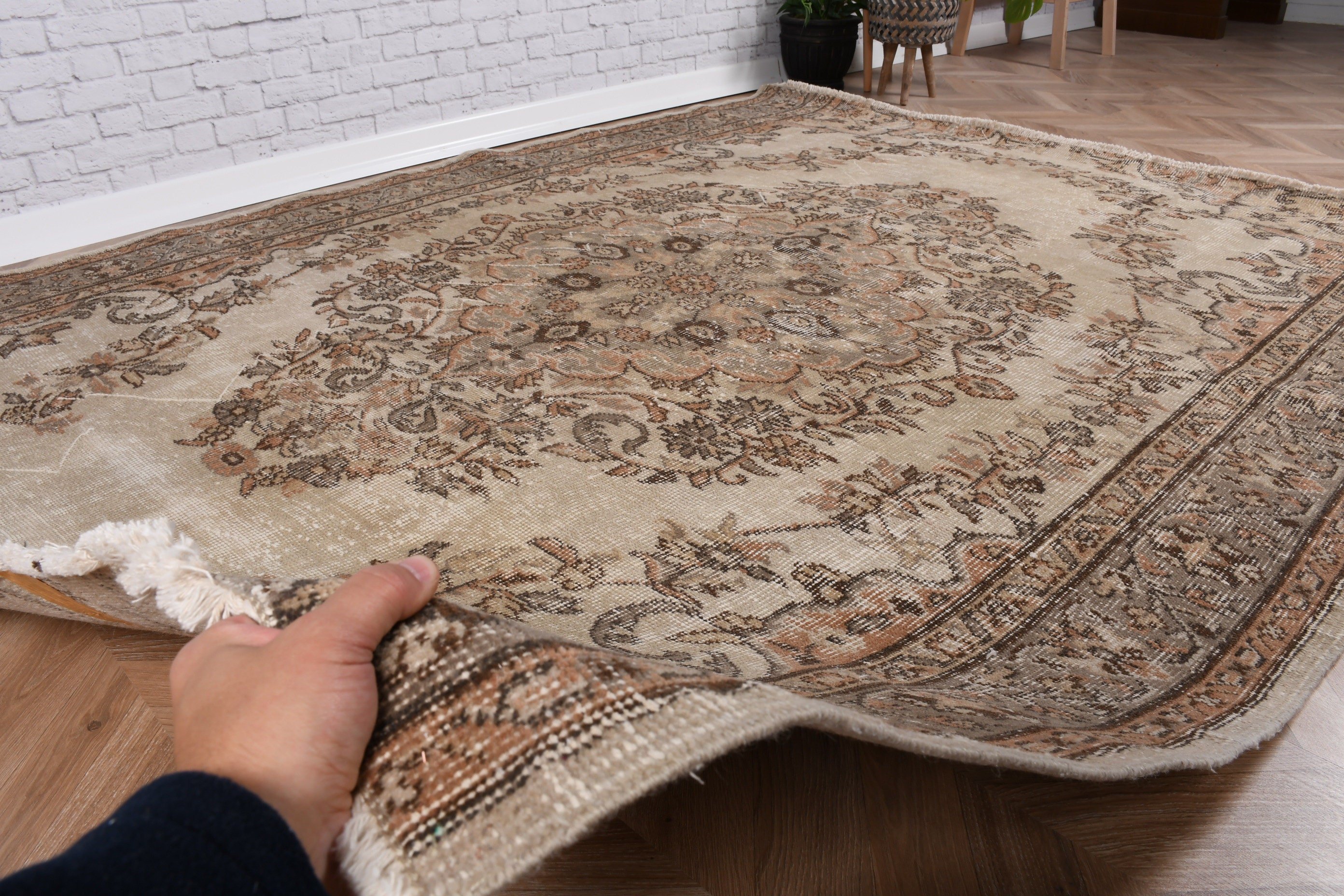 Ev Dekorasyonu Halısı, Bej Oushak Halıları, Yatak Odası Halısı, Vintage Halılar, Türk Halısı, 5.8x7.1 ft Büyük Halı, Yemek Odası Halısı, Oturma Odası Halıları