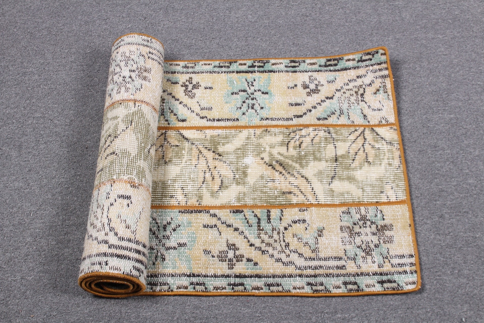 Vintage Halı, Bej Yün Halı, 1.7x4.9 ft Küçük Halı, Çocuk Odası Halısı, Oryantal Halı, Çocuk Odası Halıları, Türk Halıları, Banyo Halısı, Mutfak Halısı