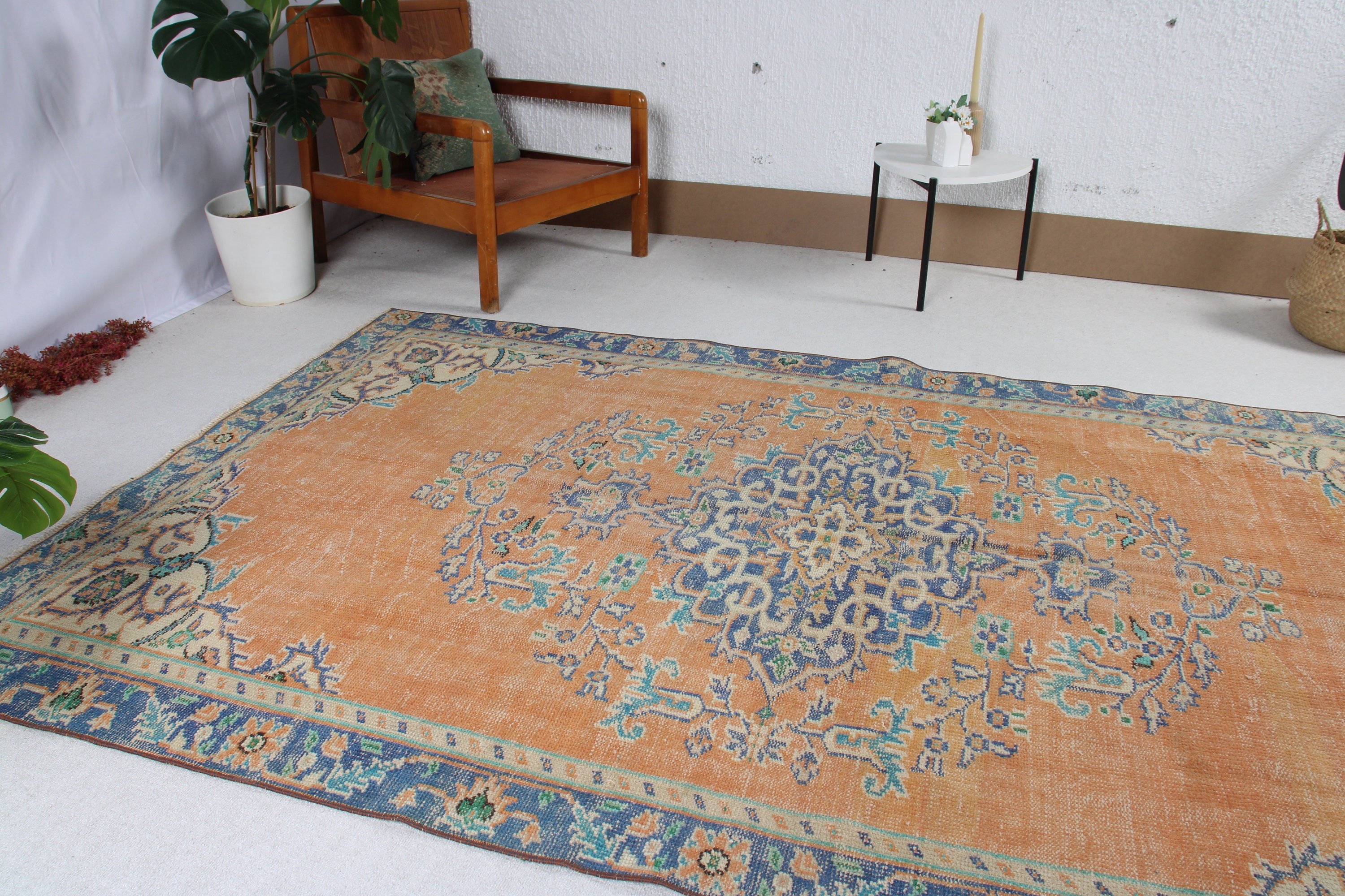 Türk Halıları, Oushak Halıları, Yemek Odası Halısı, Nötr Halı, Turuncu 5,3x8,6 ft Büyük Halılar, Büyük Vintage Halılar, Vintage Halı