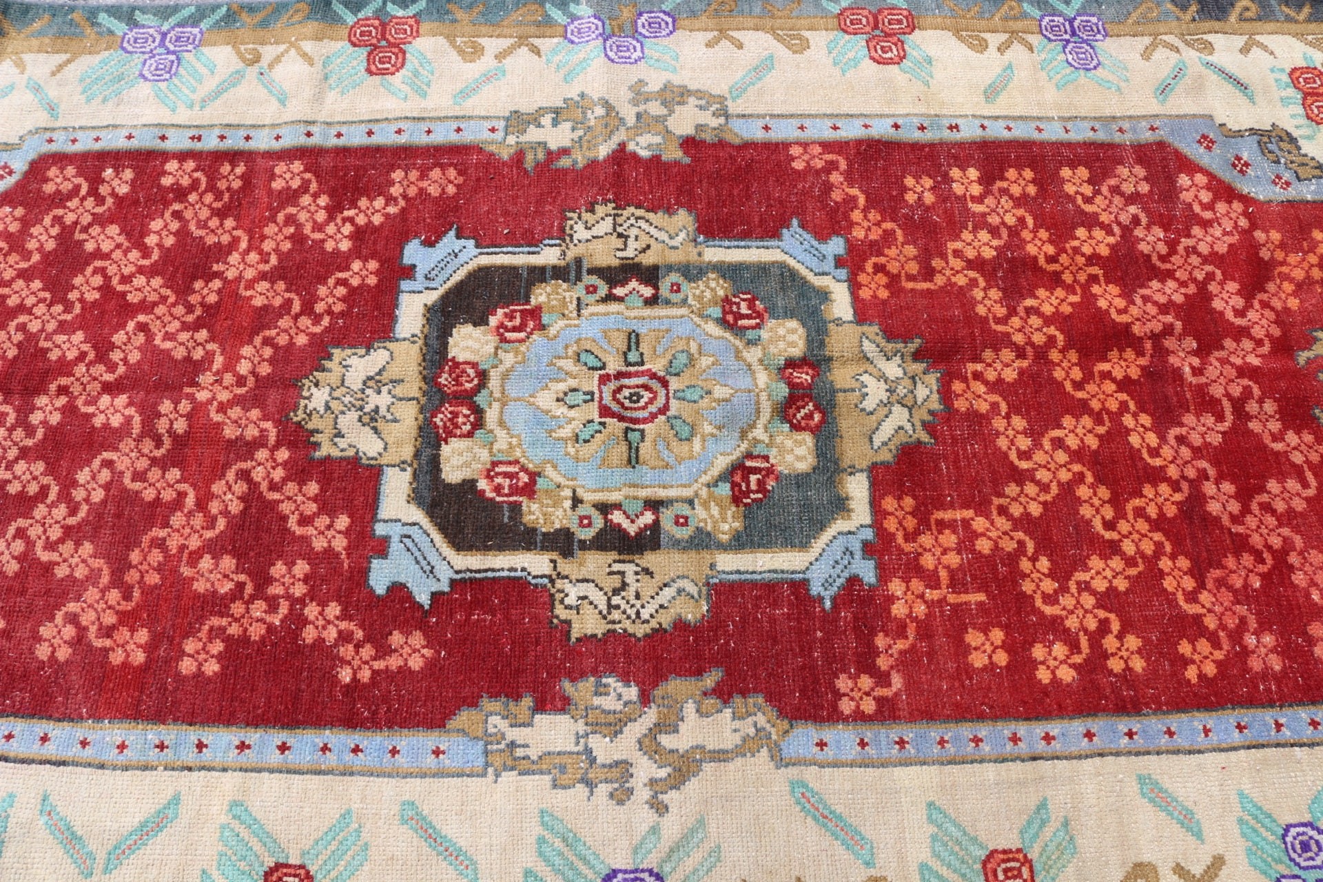 Türk Halıları, Kırmızı Oushak Halısı, Mutfak Halısı, Yemek Odası Halıları, Vintage Halılar, Salon Halıları, 4.6x8.9 ft Büyük Halı, Yün Halı, Vintage El Yapımı Halı