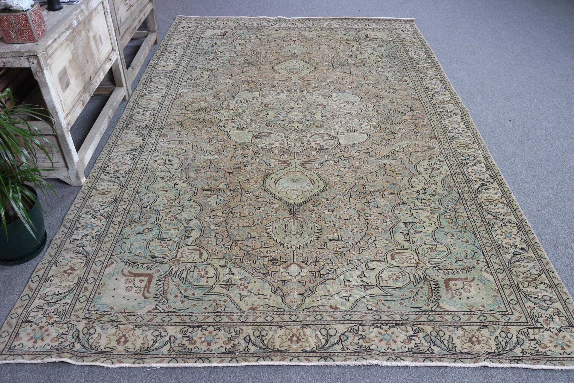 Yeşil Yer Halısı, Eklektik Halılar, Vintage Halı, Yemek Odası Halıları, Ev Dekorasyonu Halısı, Mutfak Halısı, 6.2x9.5 ft Büyük Halılar, Yatak Odası Halısı, Türk Halısı