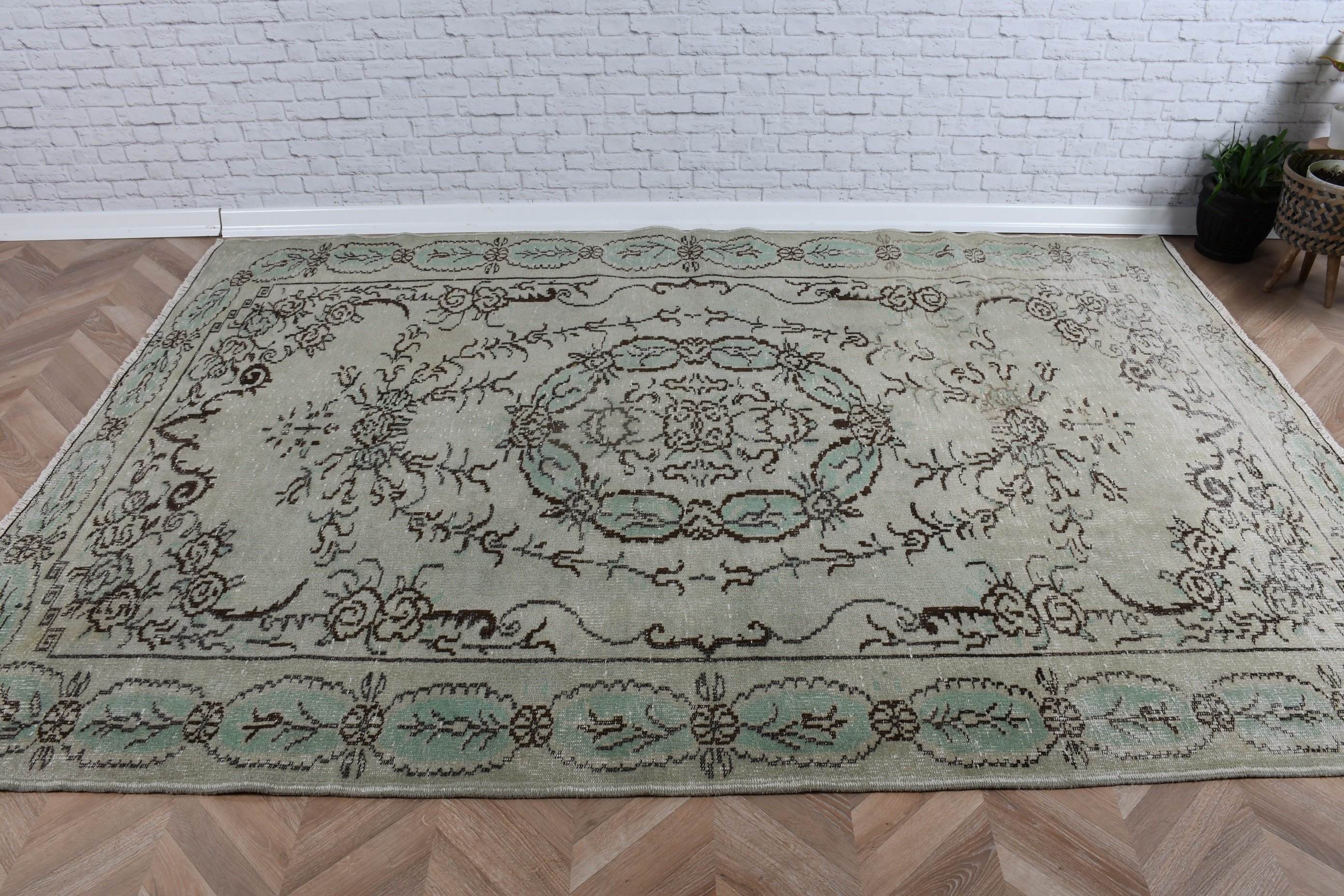 Ev Dekorasyonu Halıları, Vintage Halılar, Oturma Odası Halısı, Yemek Odası Halıları, Türk Halıları, Geometrik Halılar, 5.8x8.5 ft Büyük Halı, Yeşil Lüks Halılar