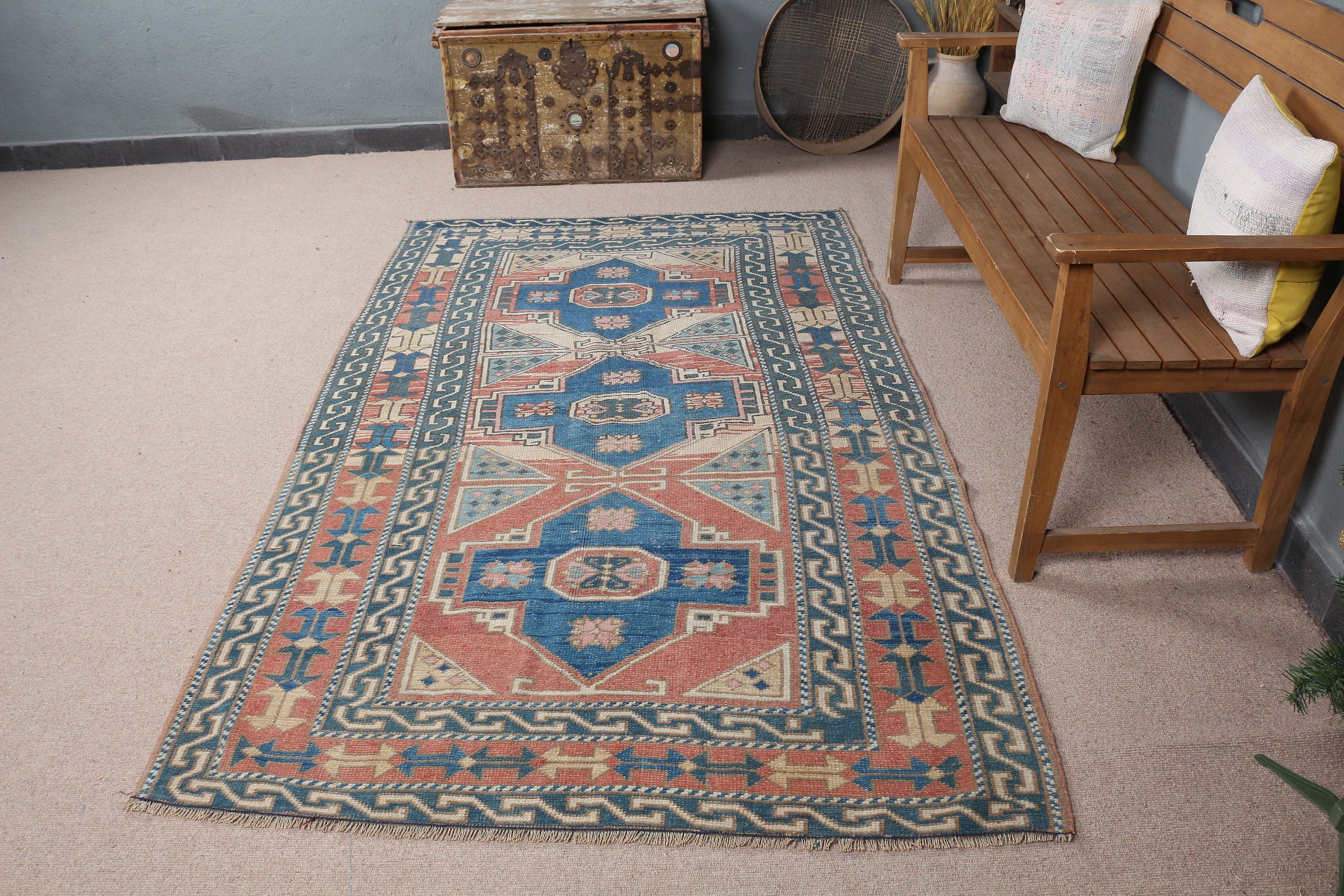 Vintage Rug, Living Room Rug, Blue Cool Rug, Turkish Rug, Kitchen Rug, Floor Rugs, Bedroom Rugs, Rugs for Dining Room, 4.3x7.2 ft Area Rug