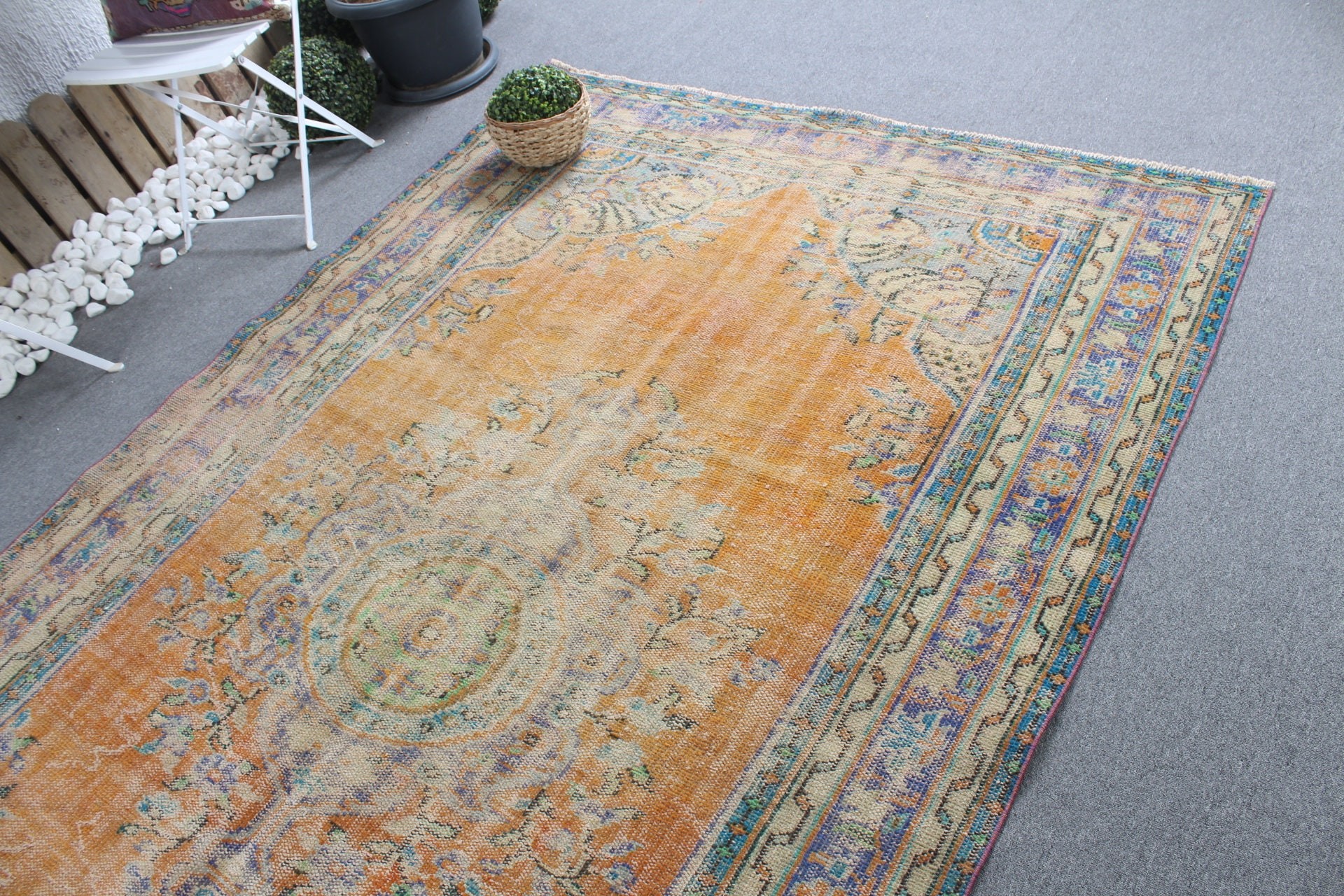 Aztek Halısı, 5.8x9.5 ft Büyük Halılar, Vintage Halı, Oushak Halıları, Fas Halısı, Oturma Odası Halısı, Salon Halısı, Turuncu Ev Dekor Halısı, Türk Halıları