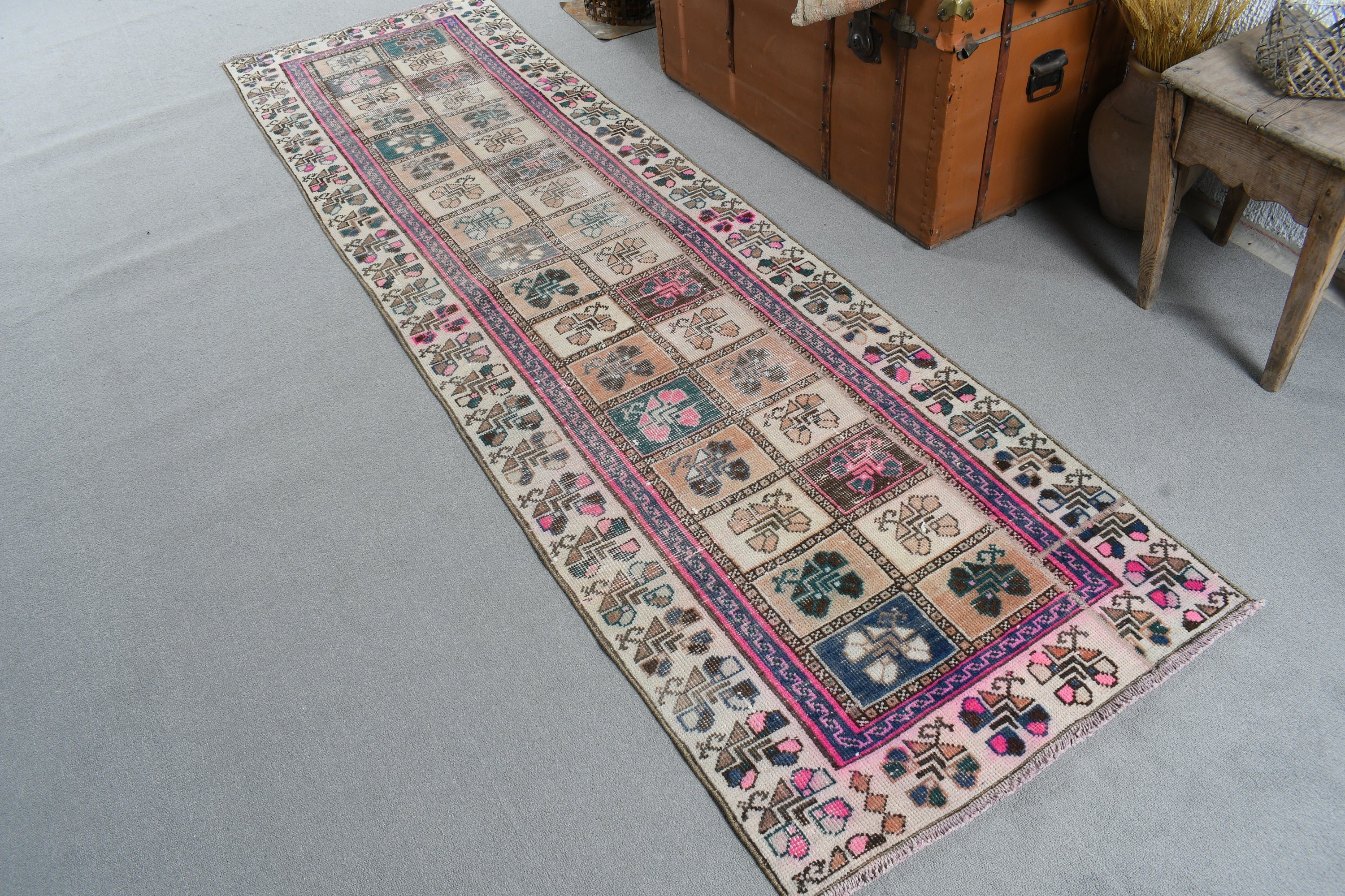 Lüks Halı, Mutfak Halısı, Oushak Halısı, Soğuk Halı, Bej 2,5x8,7 ft Runner Halısı, Vintage Runner Halıları, Vintage Halı, Türk Halısı