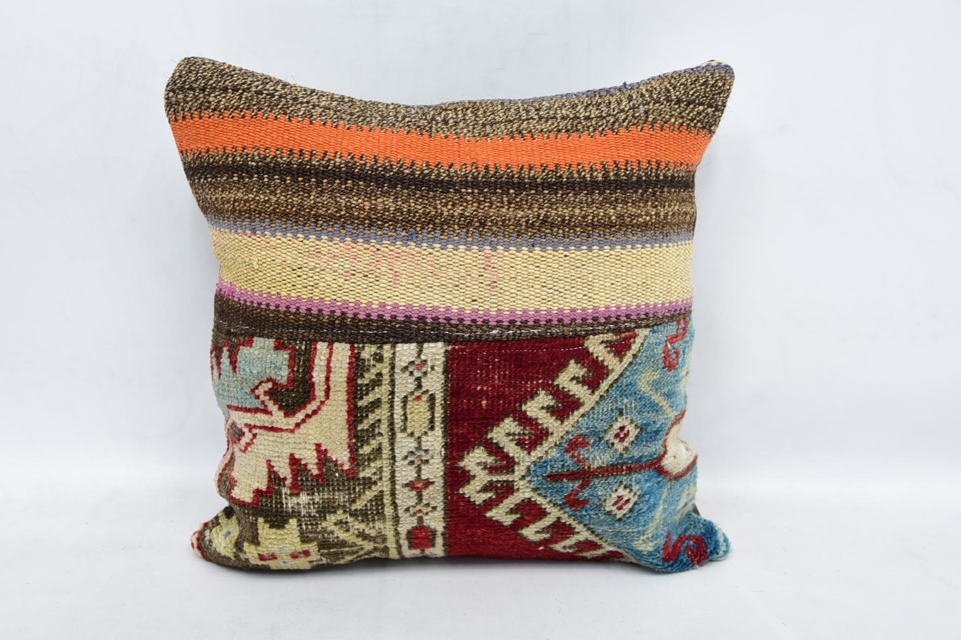 Throw Kilim Pillow, Pillow for Sofa, Bohemian Cushion Cushion Cover, 16"x16" Red Pillow, Vintage Kilim Throw Pillow