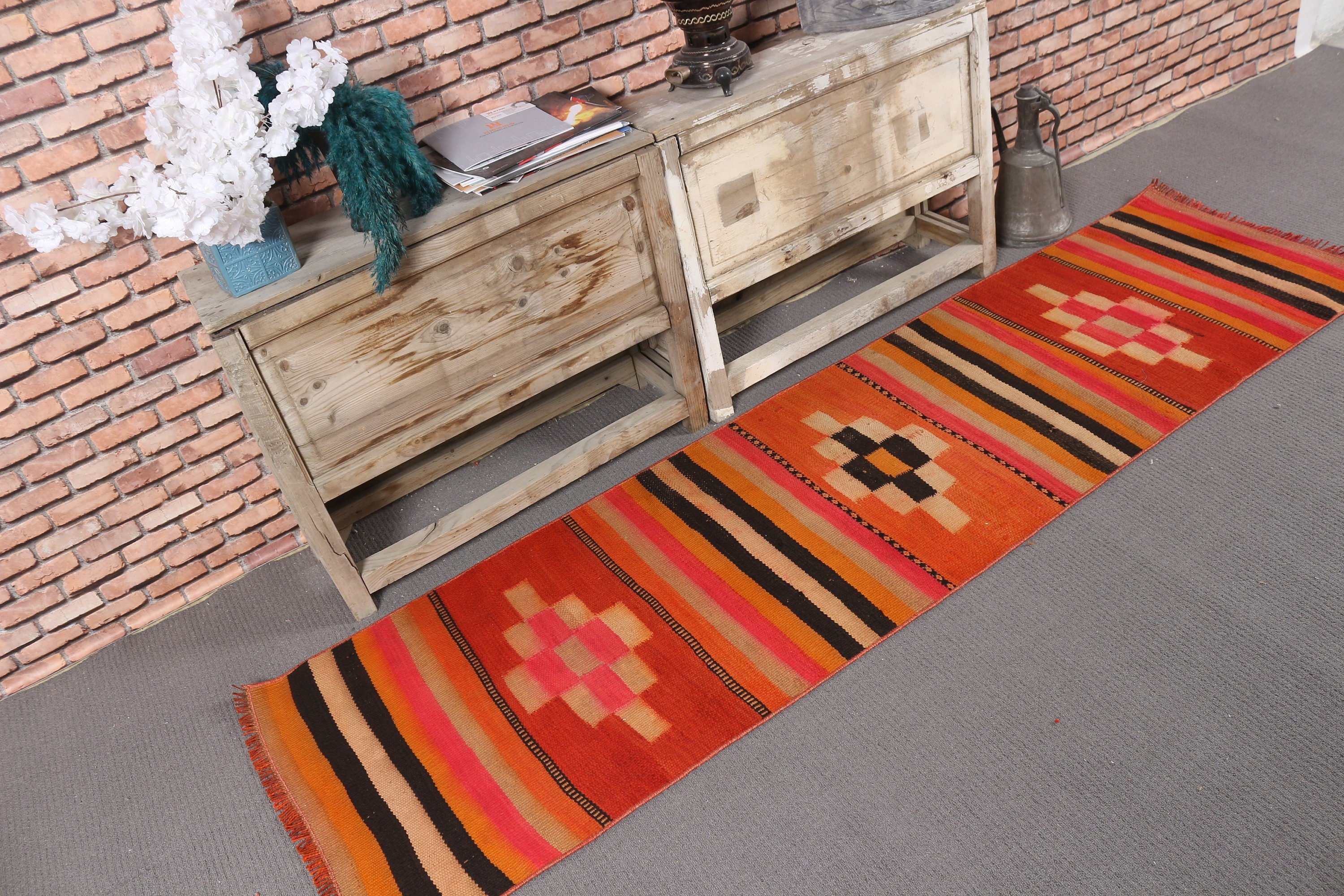 Vintage Rug, Authentic Rugs, Orange Cool Rugs, Floor Rug, Kitchen Rug, Oushak Rugs, 2.1x7.5 ft Runner Rug, Hallway Rugs, Kilim, Turkish Rug