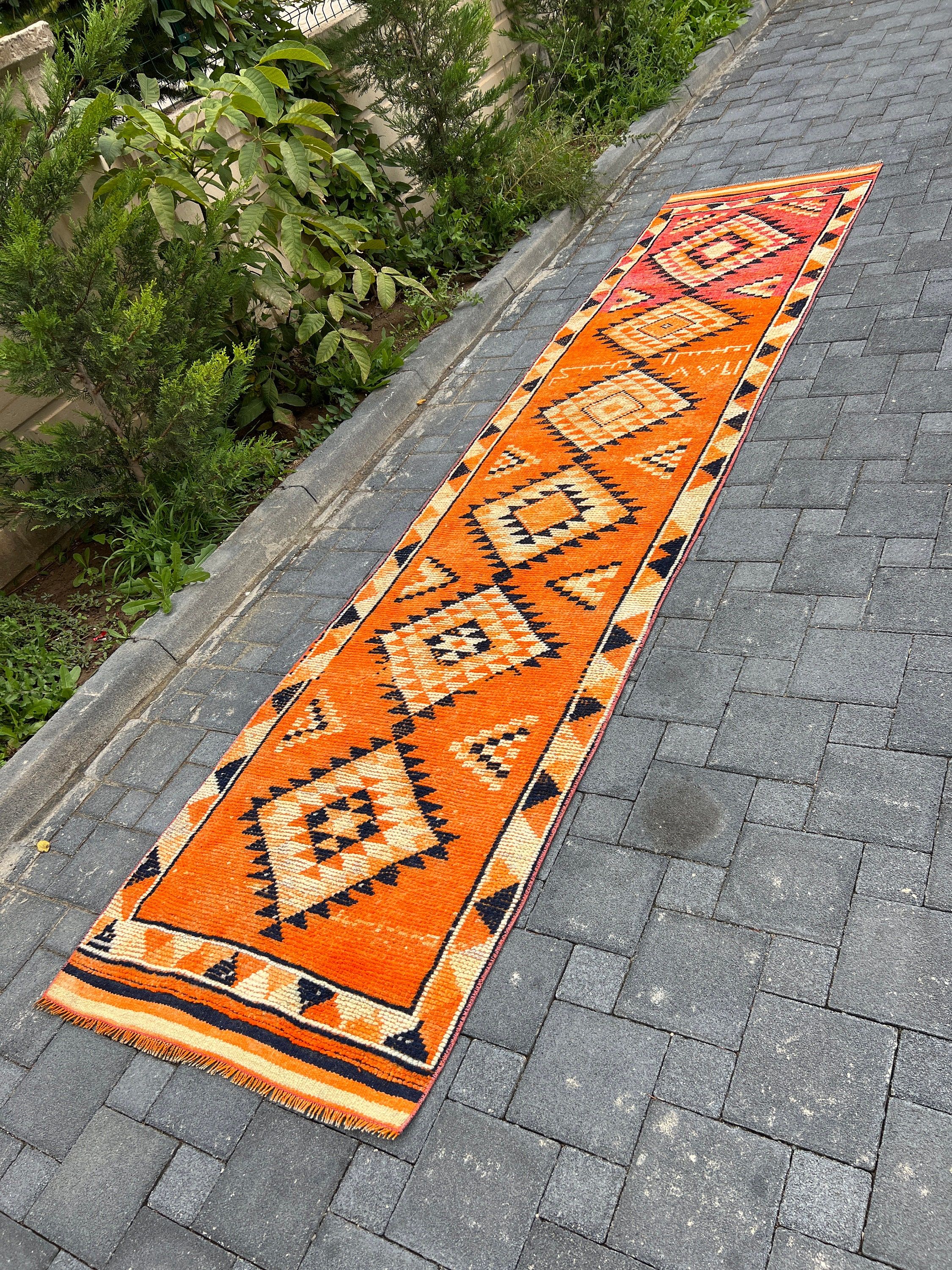 Otantik Halı, 2.9x12.4 ft Runner Halı, Vintage Halı, Türk Halıları, Mutfak Halıları, Mutfak Halıları, Ev Dekorasyonu Halıları, Turuncu Mutfak Halısı