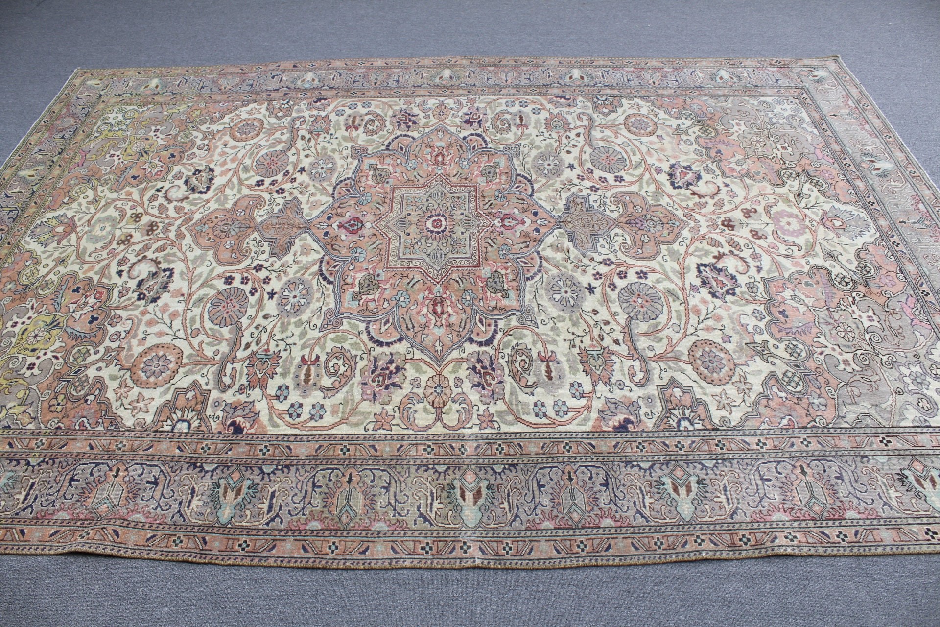 Bej Yer Halısı, Yün Halı, Vintage Halılar, Yemek Odası Halısı, Antika Halılar, 6.3x9.5 ft Büyük Halılar, Oturma Odası Halısı, Eskitme Halısı, Türk Halısı