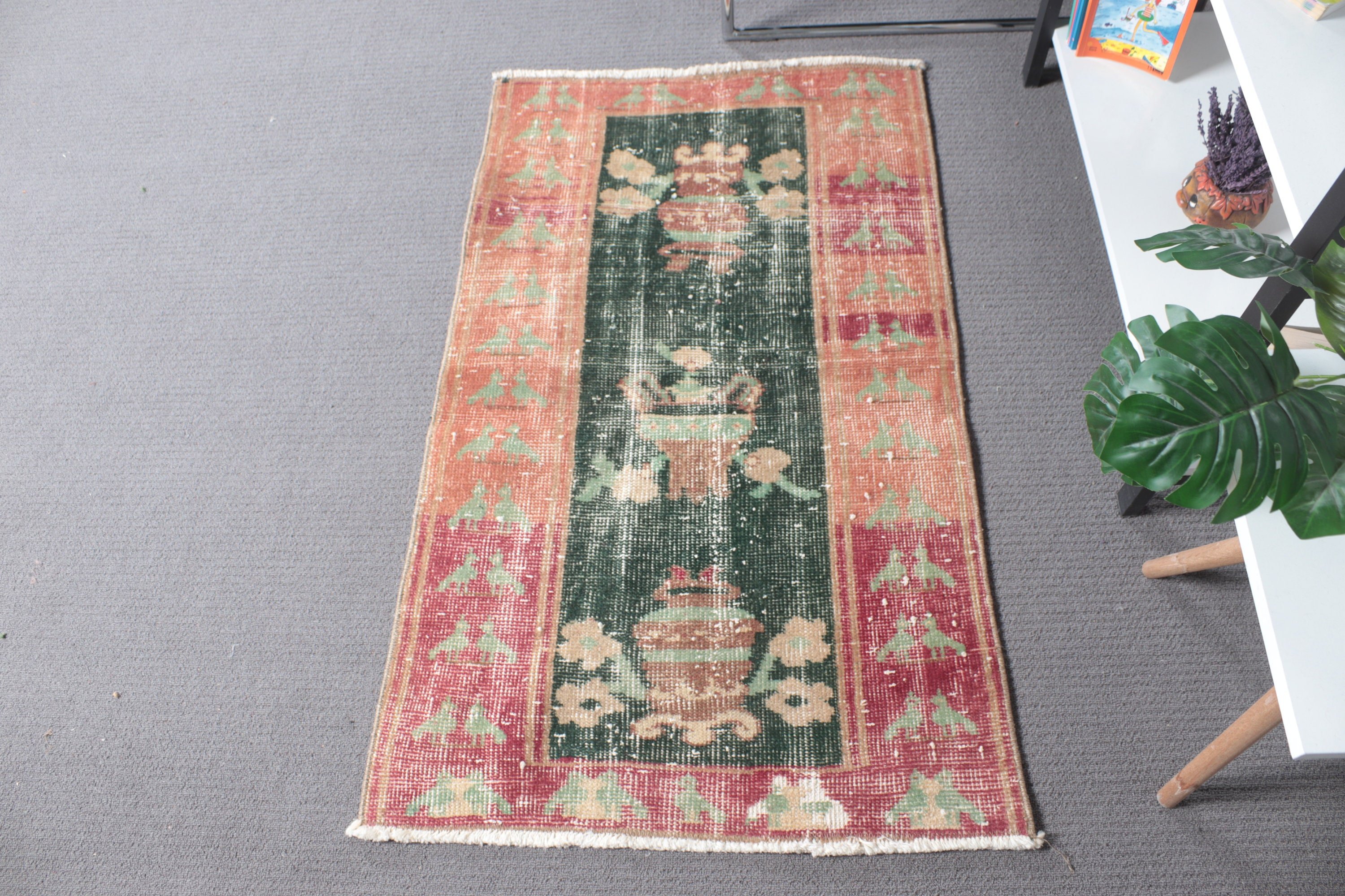 Yeşil Mutfak Halısı, Vintage Halı, El Dokuma Halı, Oushak Halıları, 2,3x3,6 ft Küçük Halı, Egzotik Halı, Banyo Halısı, Yatak Odası Halıları, Türk Halısı