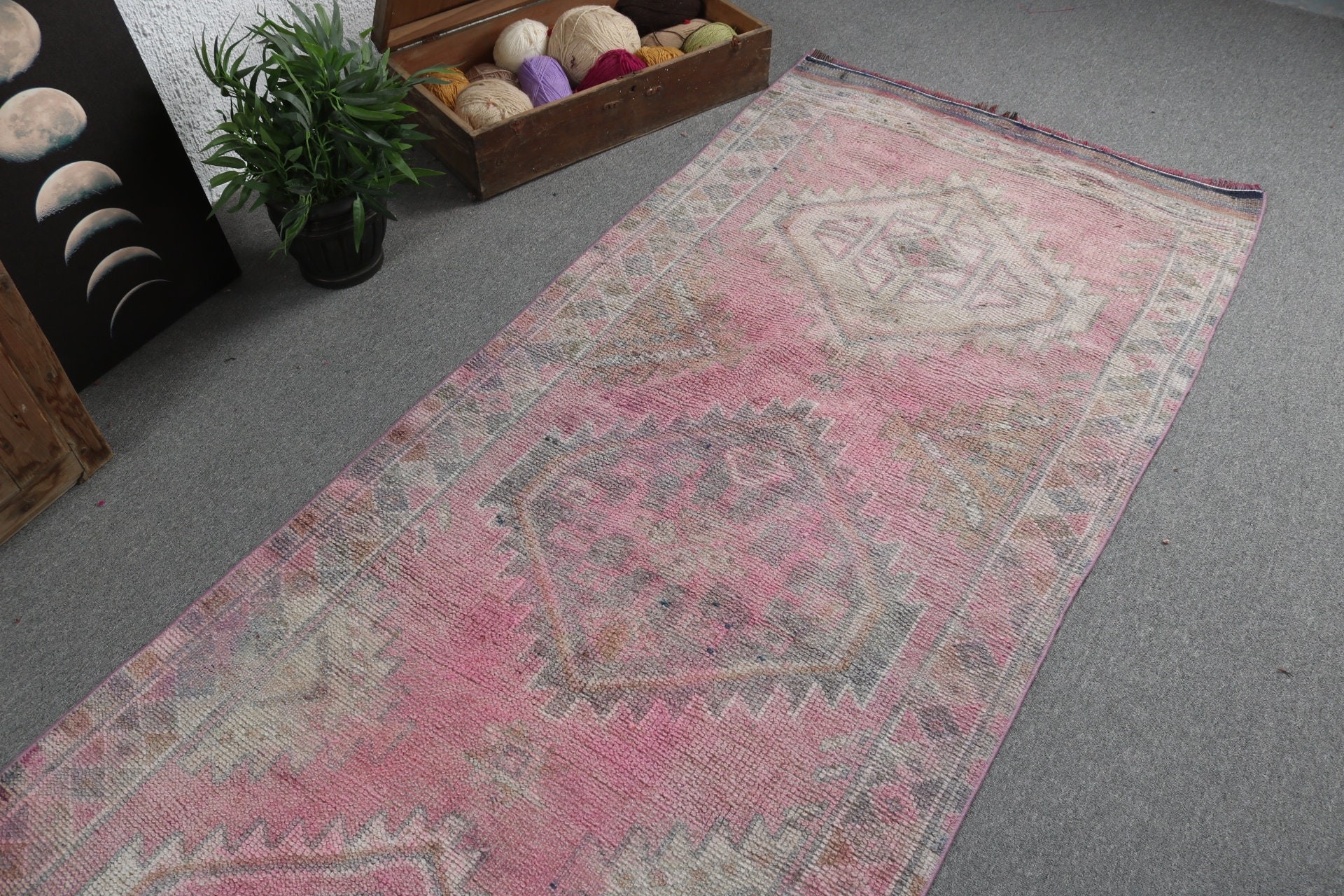 Pink Statement Rug, Flatweave Rugs, Home Decor Rugs, Beni Ourain Runner Rug, Kitchen Rug, Turkish Rugs, 3.4x13 ft Runner Rug, Vintage Rugs