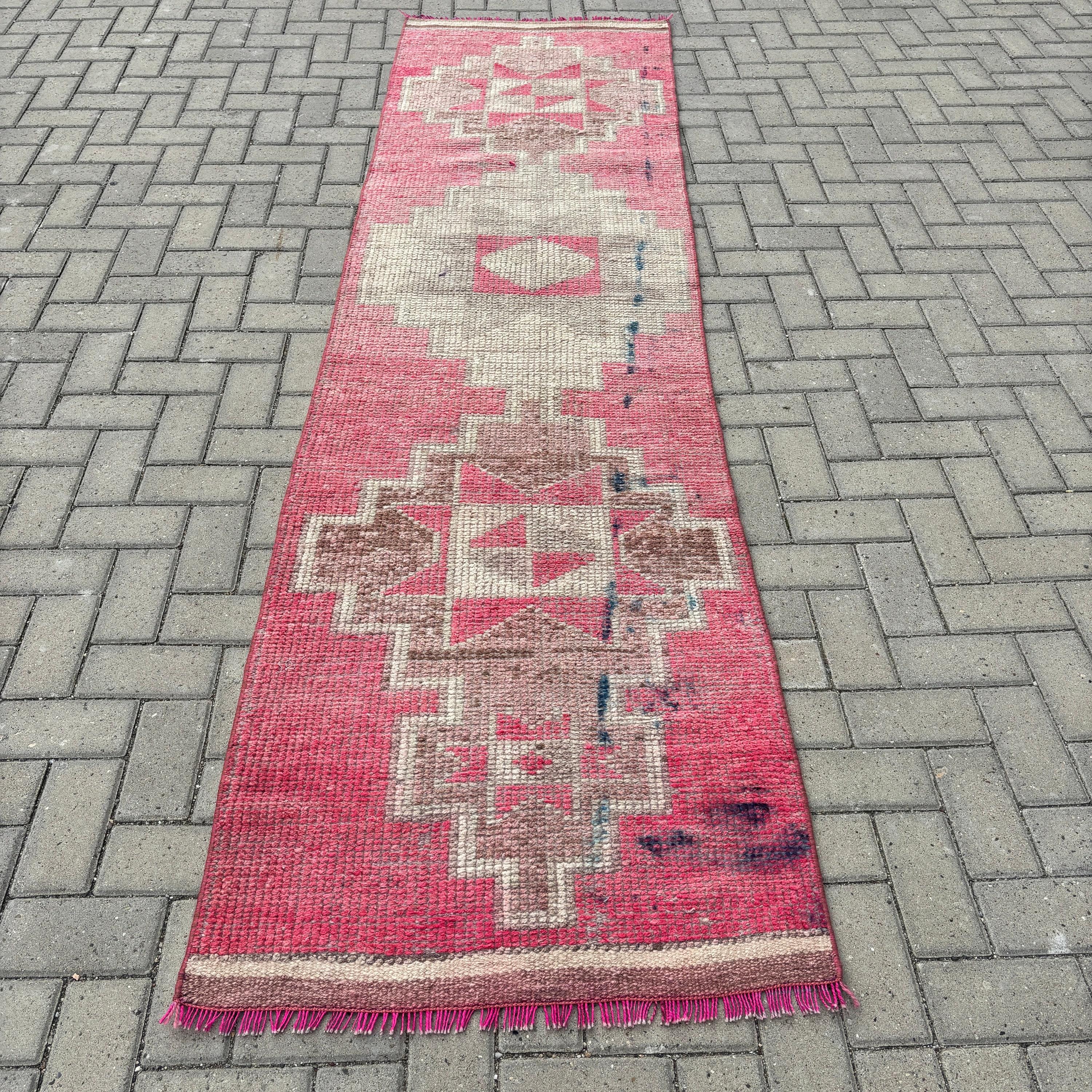 Long Runner Rugs, Turkish Rug, Antique Rugs, Vintage Rugs, Corridor Rug, 2.6x10 ft Runner Rugs, Oushak Rug, Modern Rug, Pink Oriental Rug