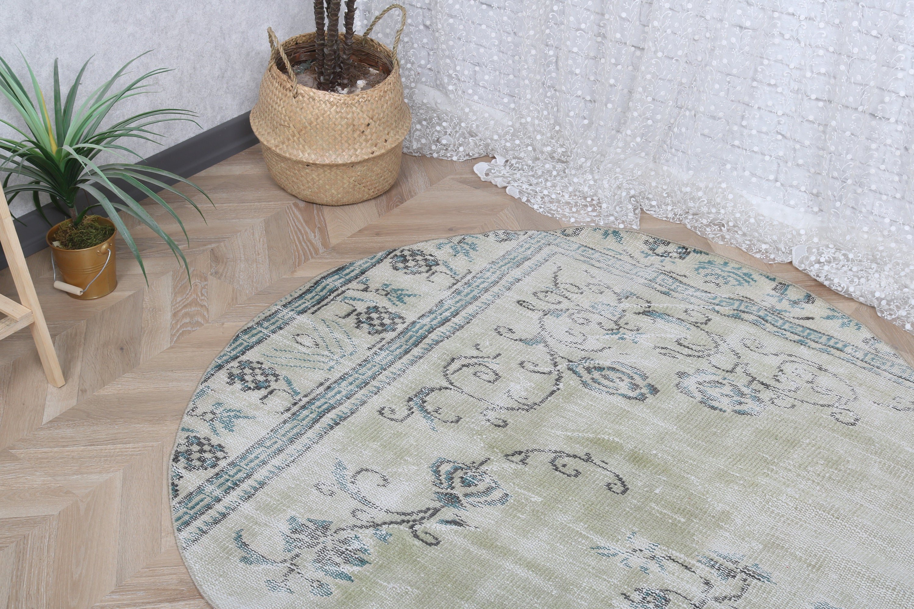 Wool Rugs, Decorative Rugs, Green Floor Rug, Vintage Rugs, Turkish Rug, Bedroom Rug, 4.4x4.4 ft Accent Rugs, Neutral Rug, Rugs for Bedroom