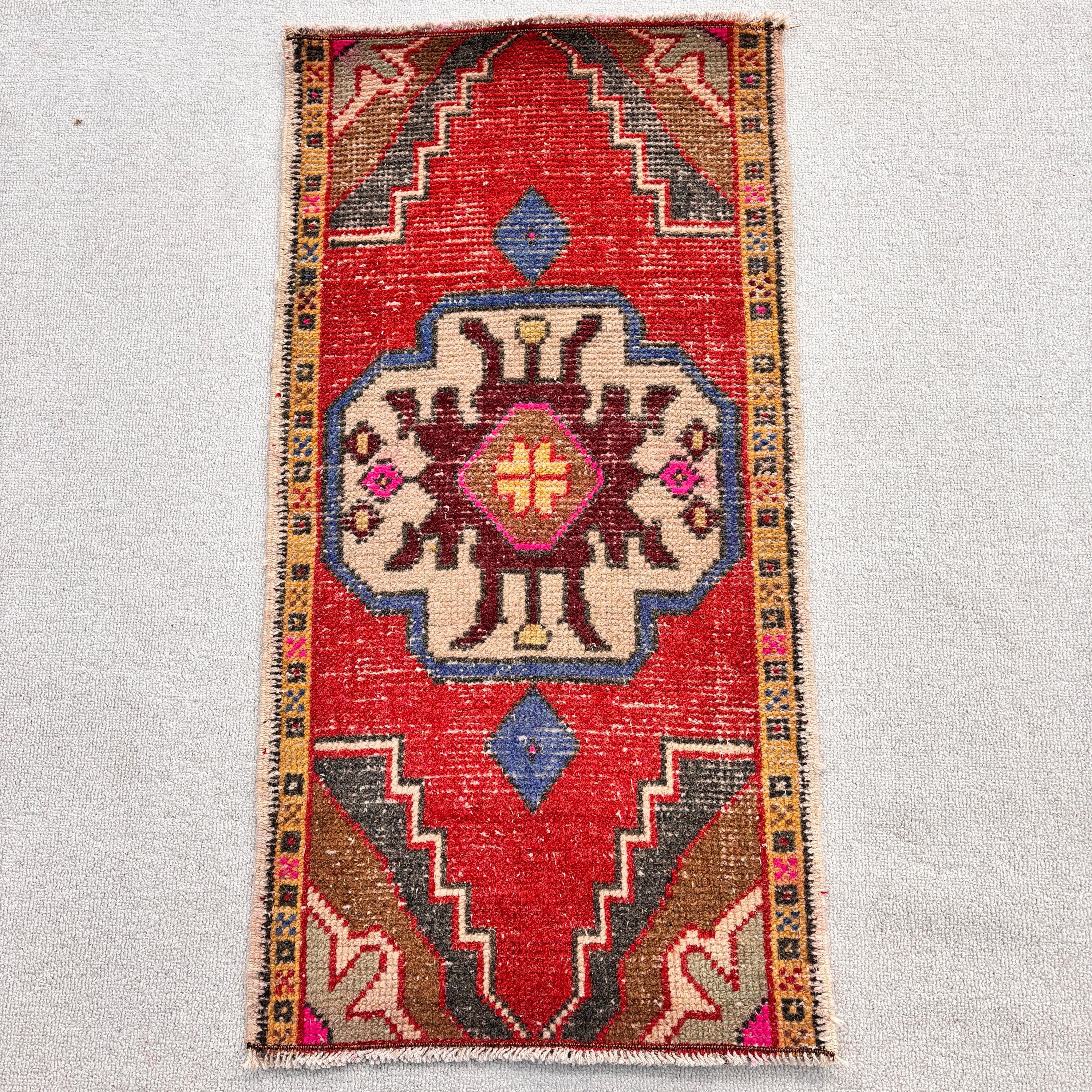 Modern Rug, Small Area Rugs, Kitchen Rug, 1.5x3 ft Small Rugs, Turkish Rugs, Rugs for Bath, Red Wool Rug, Entry Rug, Vintage Rugs