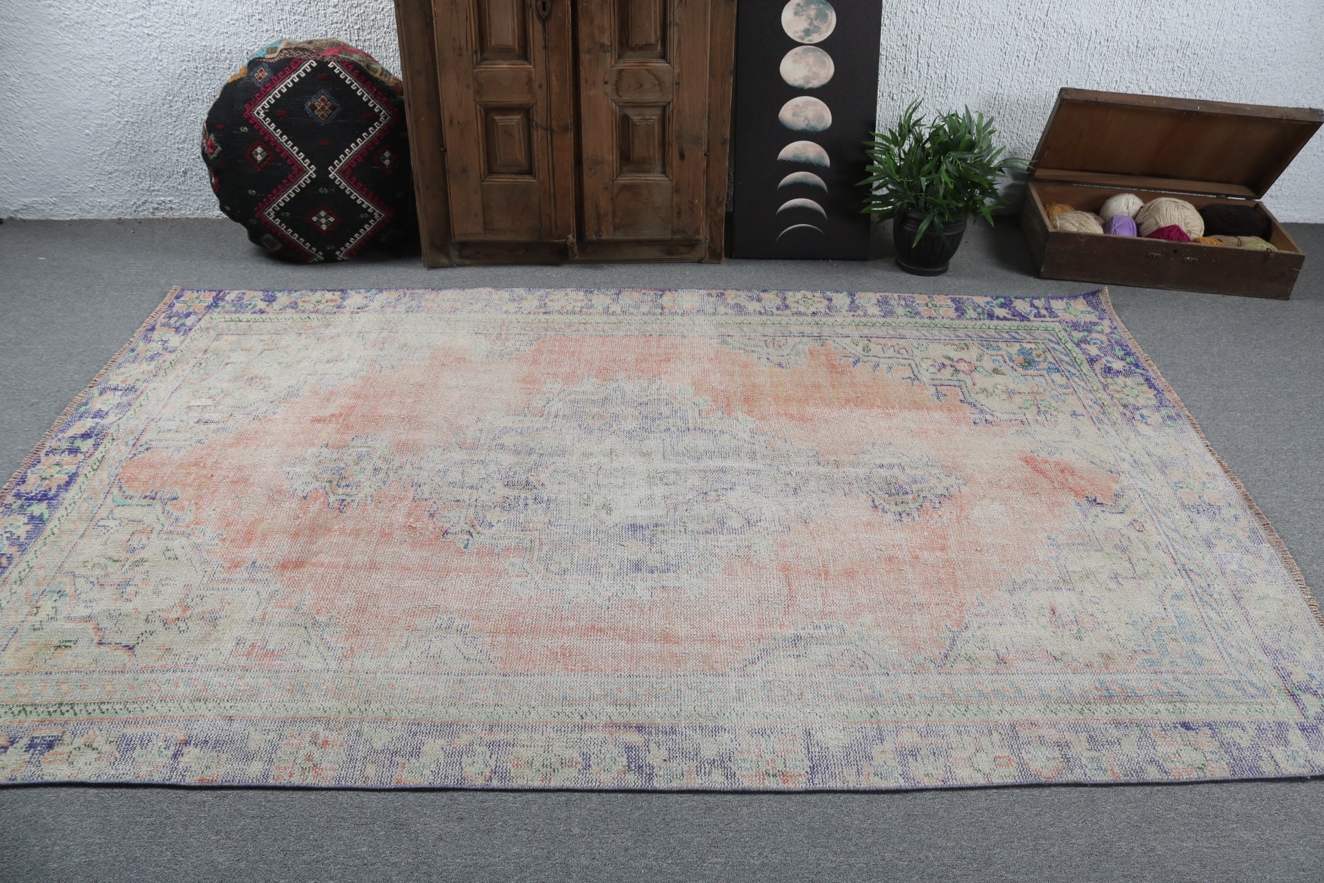 Büyük Boho Halı, Havalı Halılar, Vintage Halı, Oturma Odası Halıları, Türk Halıları, 5.5x8.5 ft Büyük Halı, Düz Dokuma Halı, Turuncu Ev Dekor Halıları