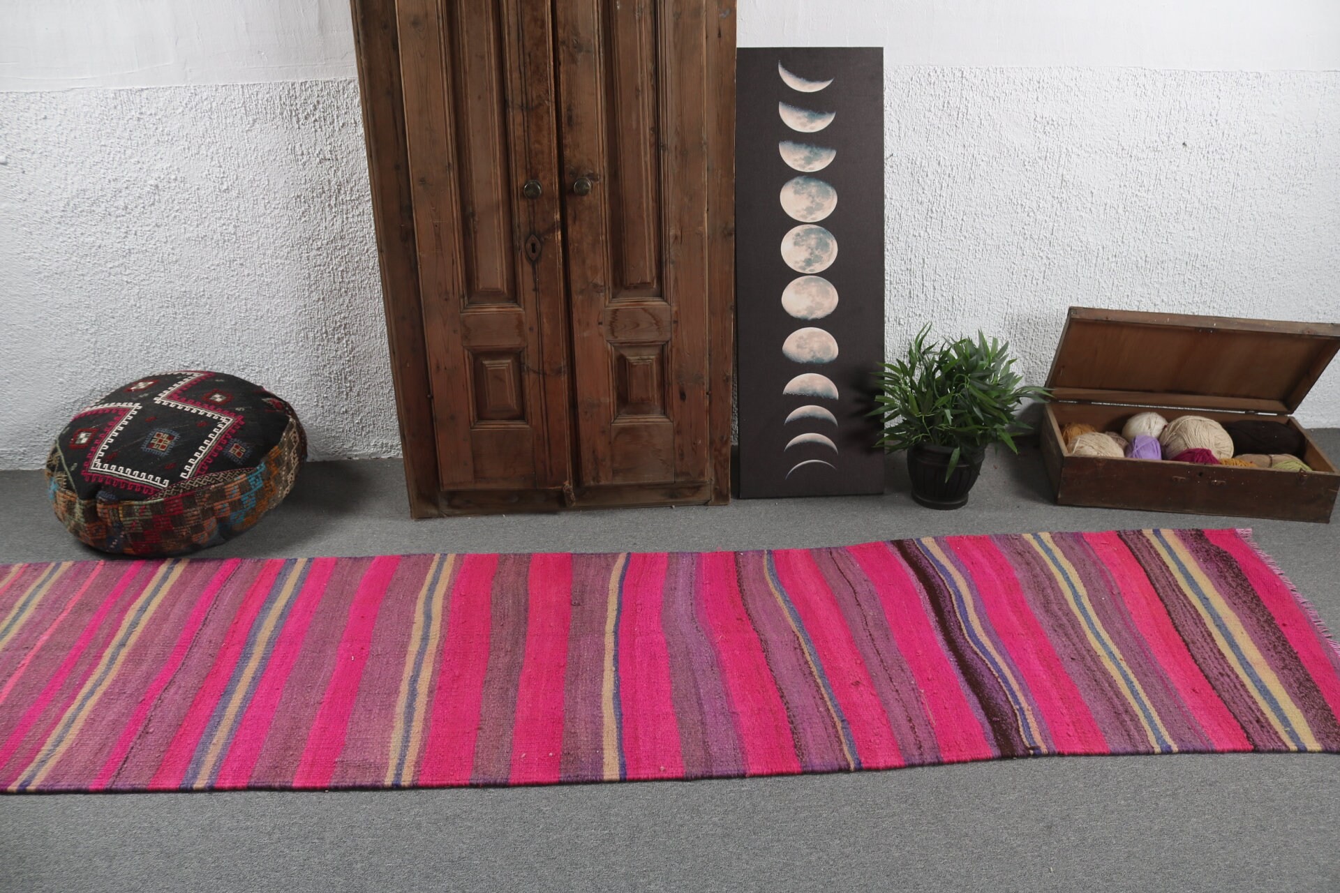 Pembe Oryantal Halılar, Türk Halıları, Geometrik Halılar, Koridor Halıları, 2.8x10.6 ft Runner Halıları, Vintage Halı, Oushak Halısı, Beni Ourain Runner Halıları