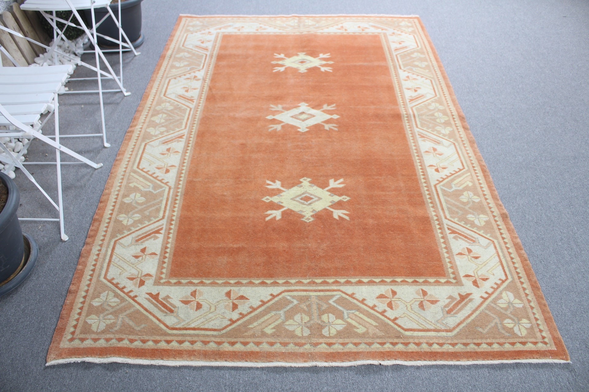 Türk Halısı, Mutfak Halısı, 5.2x8.1 ft Büyük Halılar, Havalı Halı, Vintage Halı, Vintage Dekor Halısı, Salon Halısı, Turuncu Oushak Halıları, Oturma Odası Halıları