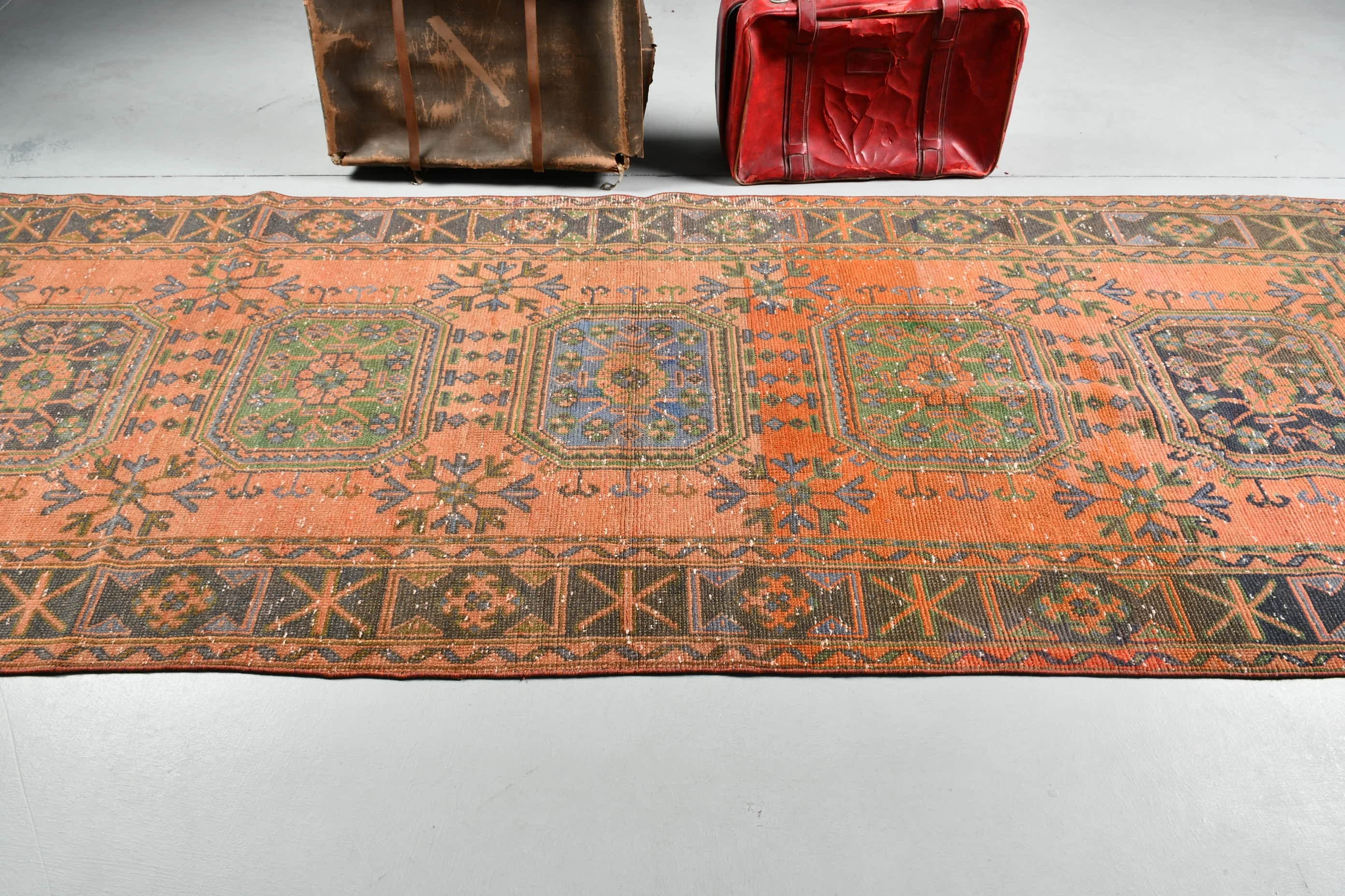 Dorm Rugs, Orange Floor Rug, Turkish Rug, Rugs for Corridor, Stair Rug, 4.2x11.1 ft Runner Rug, Oushak Rug, Vintage Rugs