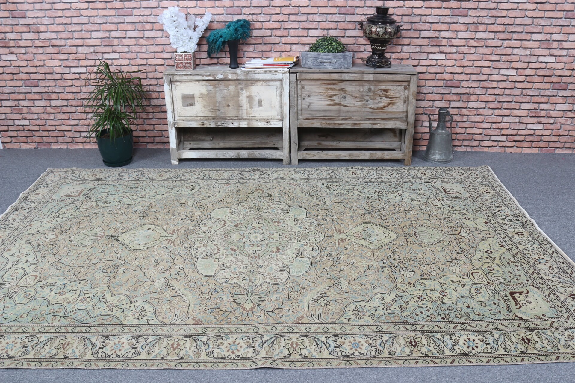 Yeşil Yer Halısı, Eklektik Halılar, Vintage Halı, Yemek Odası Halıları, Ev Dekorasyonu Halısı, Mutfak Halısı, 6.2x9.5 ft Büyük Halılar, Yatak Odası Halısı, Türk Halısı