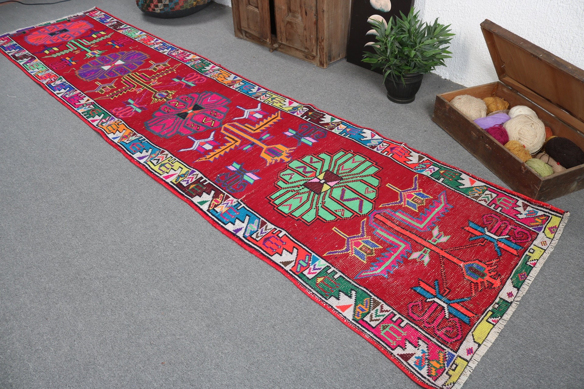 Koridor Halısı, Geometrik Halı, Vintage Halılar, Yün Halılar, Vintage Runner Halısı, Yer Halısı, 3.1x13.3 ft Runner Halıları, Kırmızı Anadolu Halısı, Türk Halısı