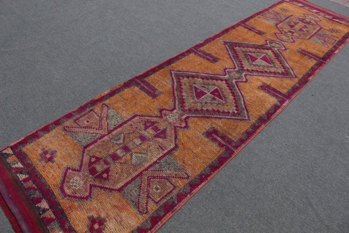 Bedroom Rug, Handmade Rug, Rugs for Corridor, Orange  3x11.5 ft Runner Rug, Vintage Rug, Stair Rug, Turkish Rug, Oushak Rug