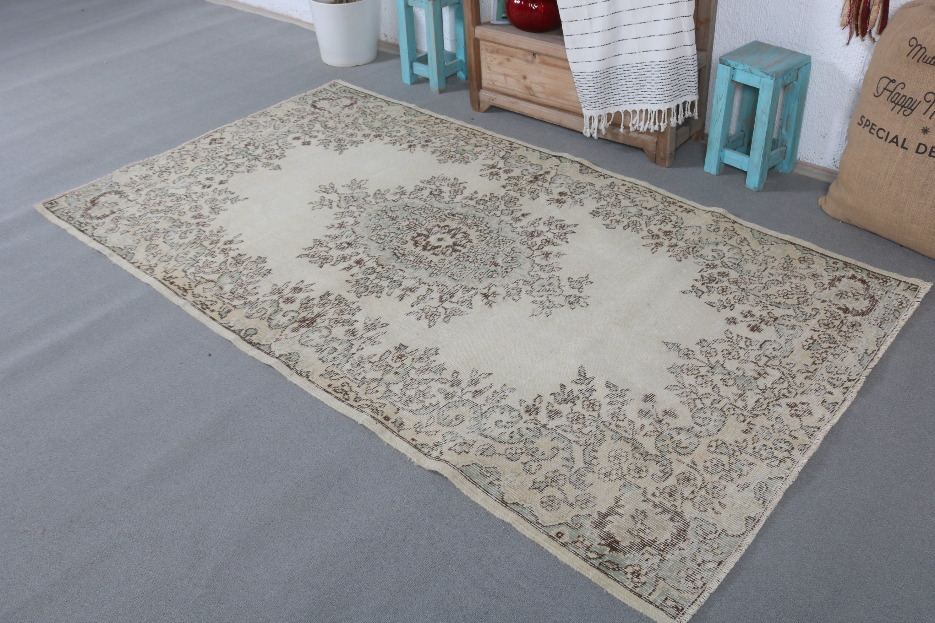 Custom Rugs, Turkish Rugs, Vintage Rug, Rugs for Area, Nursery Rug, Indoor Rug, Cool Rug, Wool Rug, Beige Moroccan Rug, 4.1x7.3 ft Area Rug