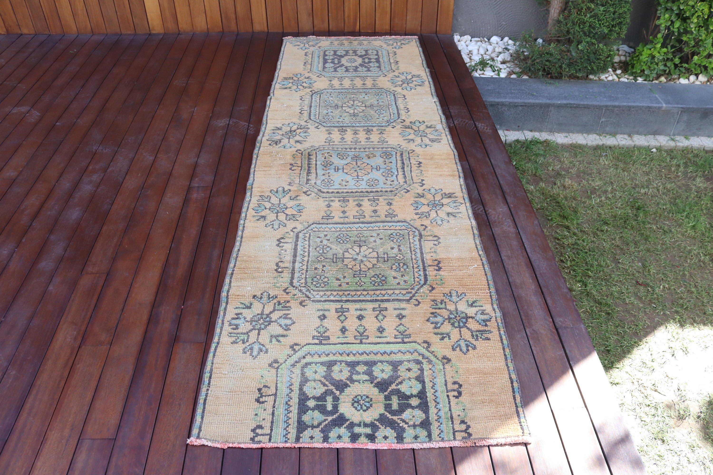 Vintage Halı, Türk Halıları, Sarı Geometrik Halılar, Mutfak Halısı, Ev Dekorasyonu Halıları, Uzun Koşucu Halıları, Yün Halı, 2.8x8.7 ft Runner Halıları